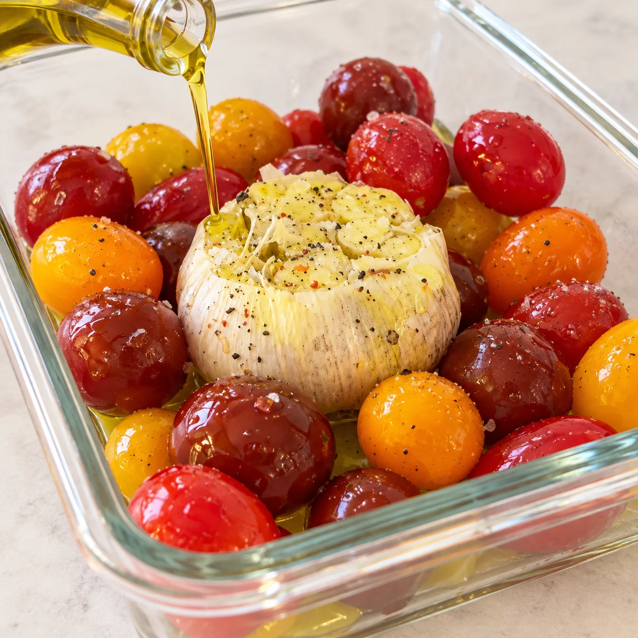 Plat en verre avec tomates cerises multicolores crues et tête d’ail ouverte, filet d’huile.