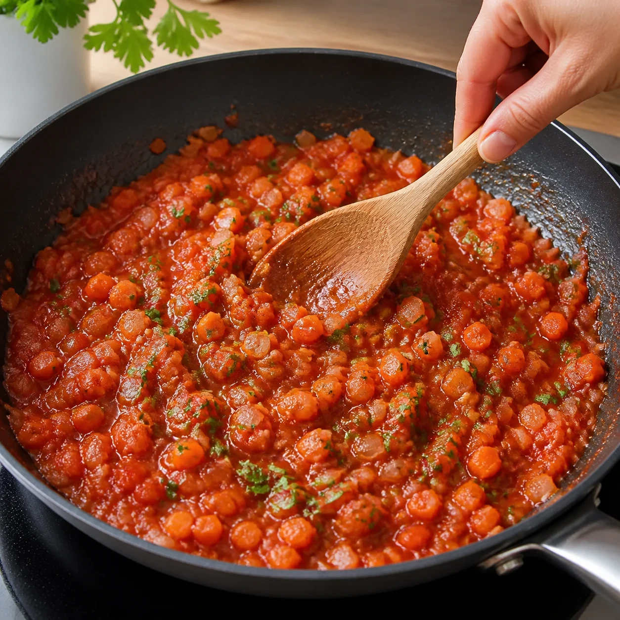 Farce de petits dés de carotte et oignon fondants dans un coulis de tomate rouge en poêle.