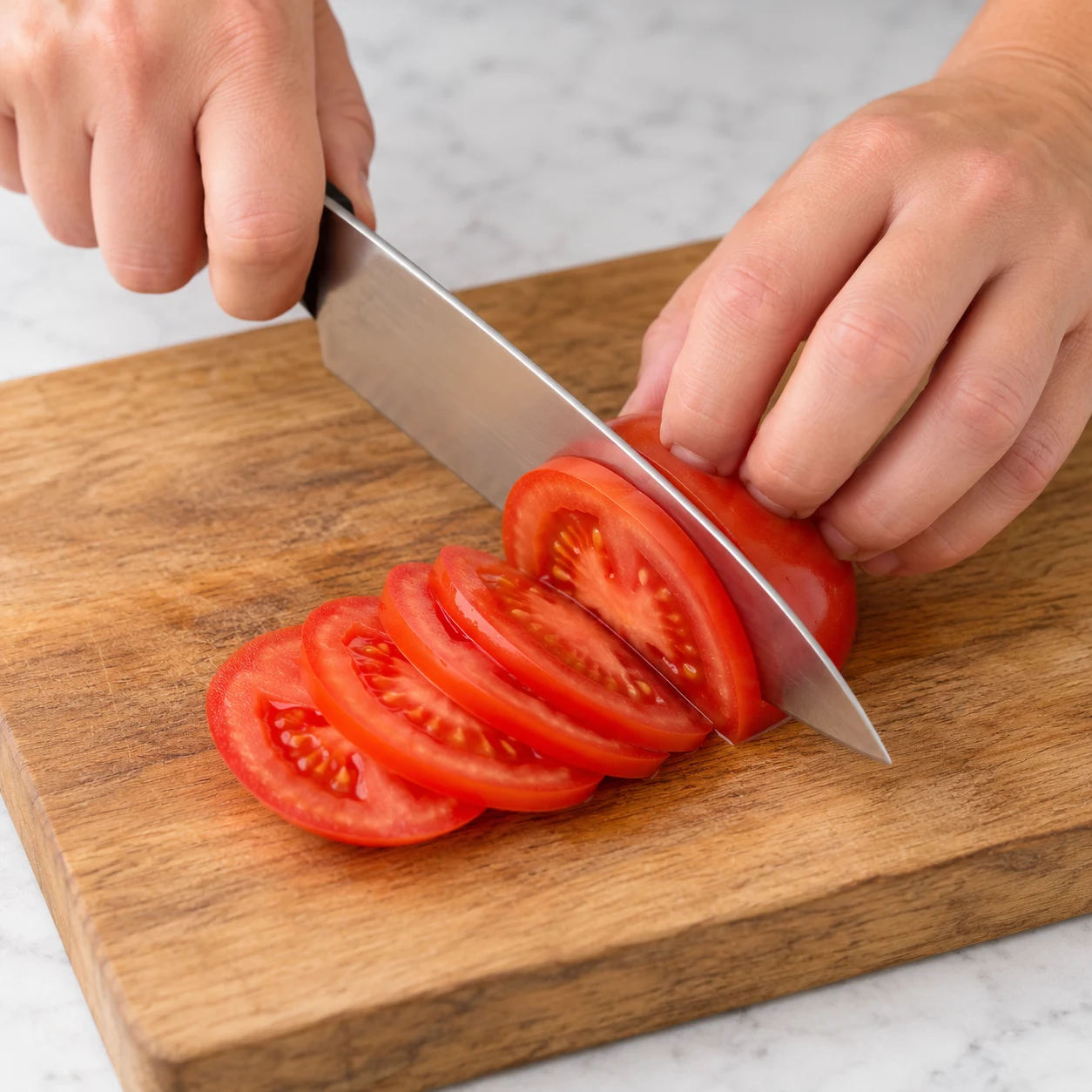 Découpe d’une demi-tomate rouge en tranches fines, doigts en griffe.