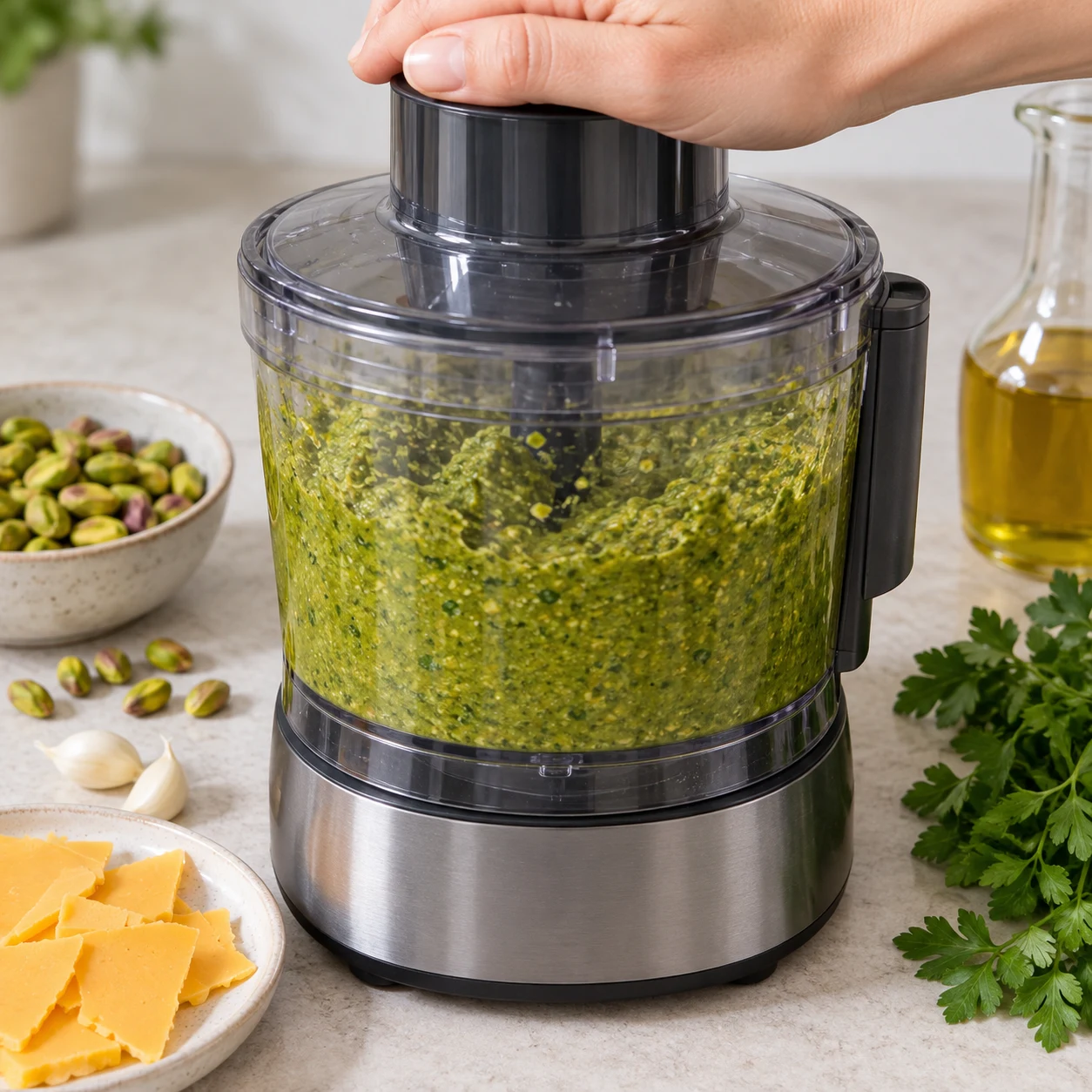 Pesto vert épais homogène dans le bol transparent, mixeur fermé et sécurisé.