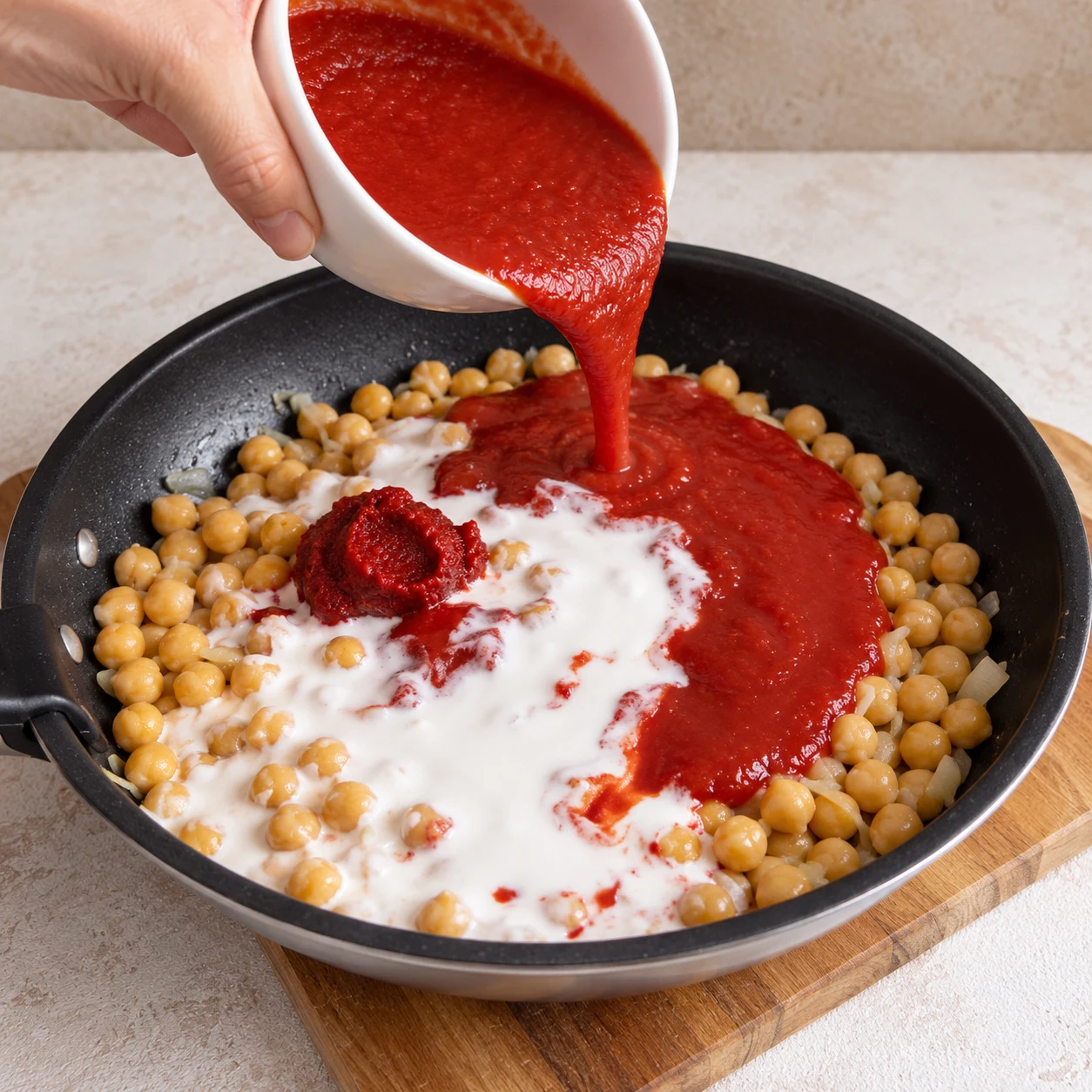 Purée de tomates rouge versée d’un bol sur des pois chiches dans une poêle noire, avant l’ajout du lait de coco.