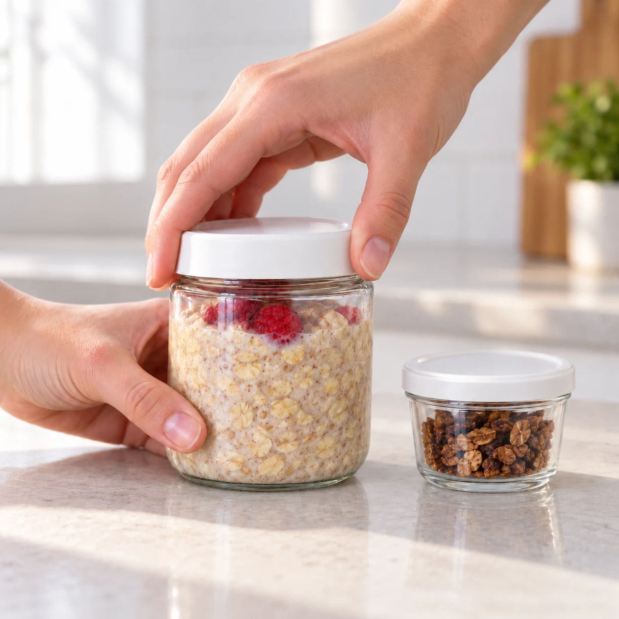 Mains anonymes fermant un bocal avec un compartiment sec de granola.