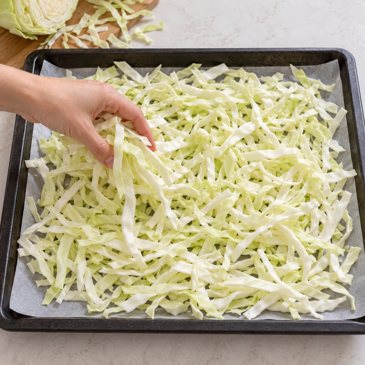 Lamelles crues de chou blanc sur une plaque de cuisson.