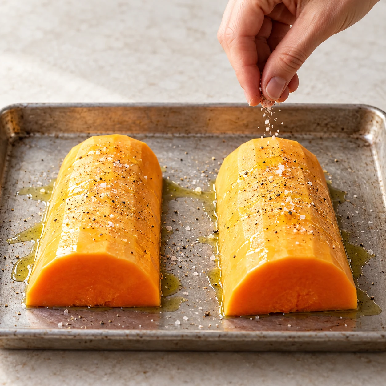 Deux morceaux de butternut orange sur une plaque, assaisonnement en cours.