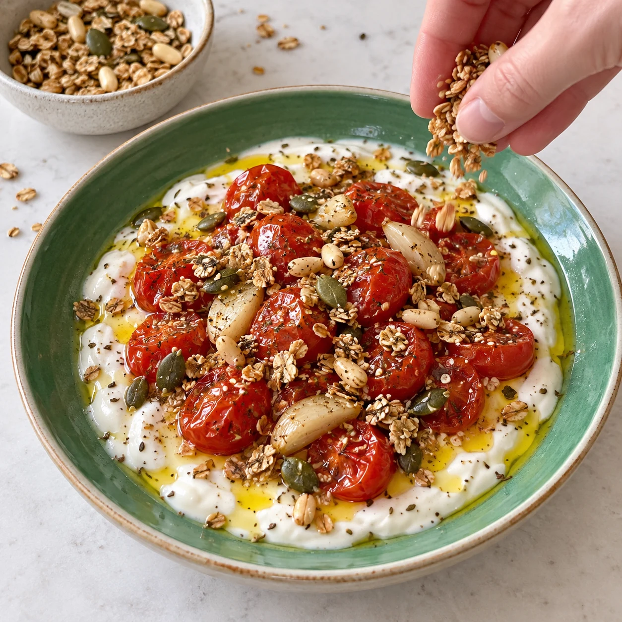 Parsème l’assiette d’un peu de granola salé pour servir les deux portions. Garde le reste du lot à part.