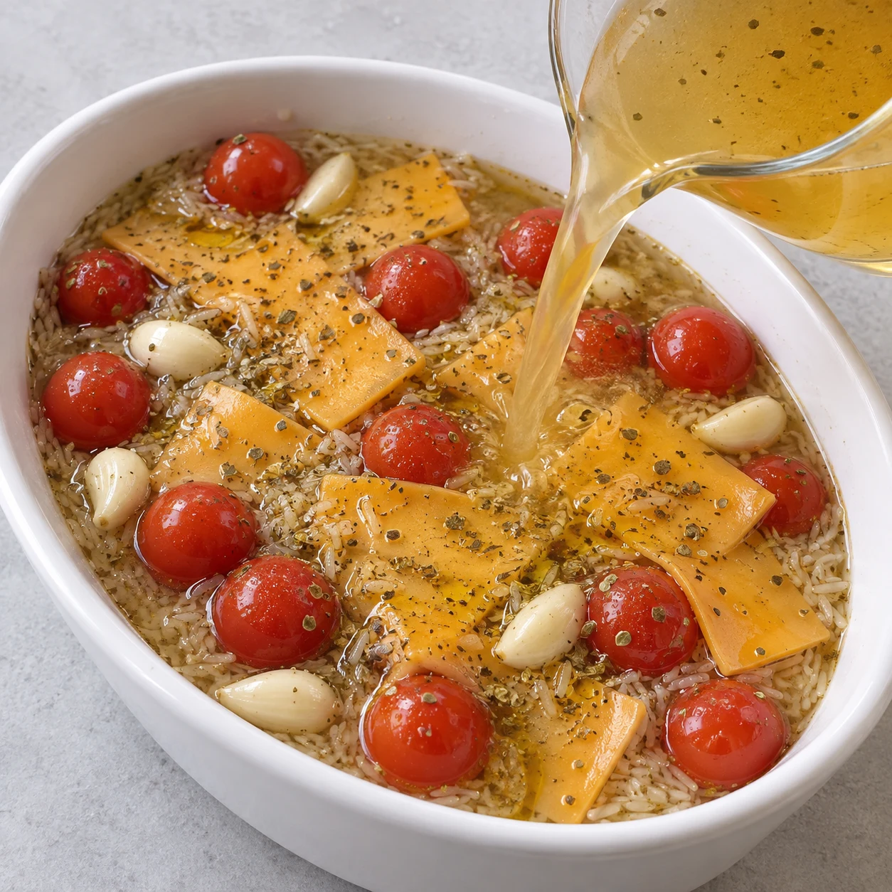 Pichet versant du bouillon dans le plat ; ingrédients encore crus.