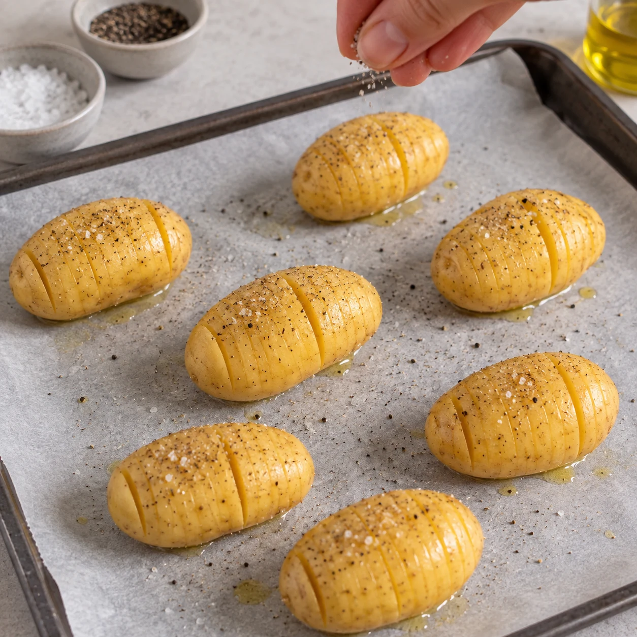 Main saupoudrant sel et poivre sur les pommes de terre huilées, sans garniture.