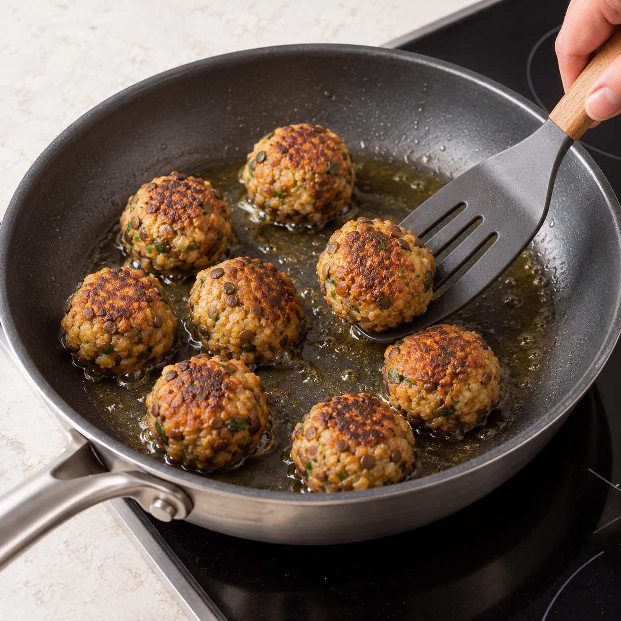 Des petites boulettes de lentilles dorent dans une poêle avec un filet d’huile, une main anonyme en retourne une avec un ustensile.