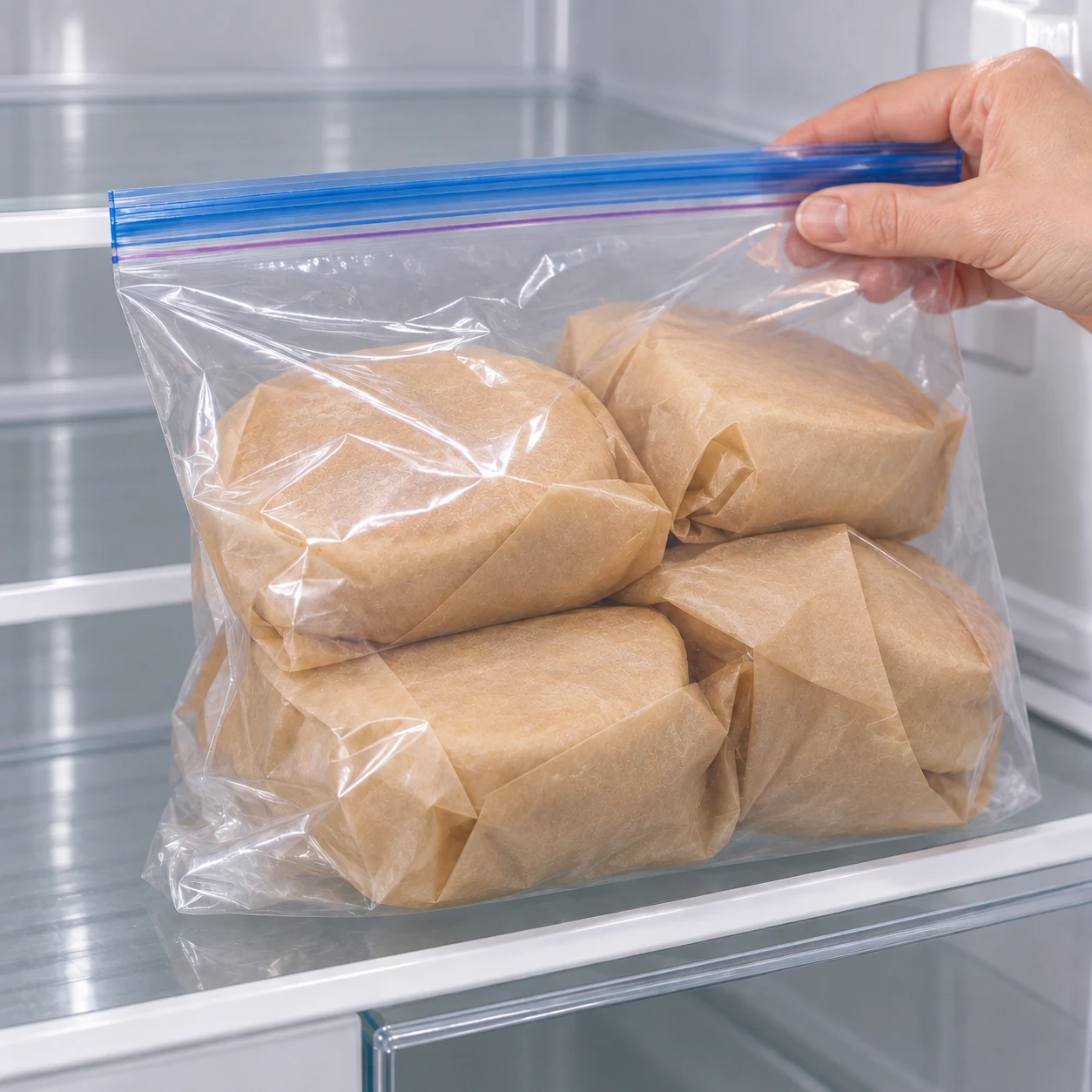Sac de conservation transparent uni contenant des muffins emballés individuellement dans du papier cuisson, sur une étagère de réfrigérateur ; aucune inscription visible.