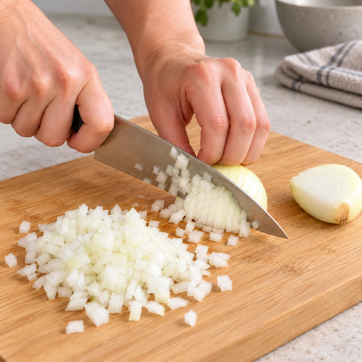 Émincez finement l’oignon sur une planche stable, en repliant les doigts de la main qui le tient. État attendu : L’oignon est en petits morceaux réguliers. Une seule scène de cuisine, sans personne identifiable.
