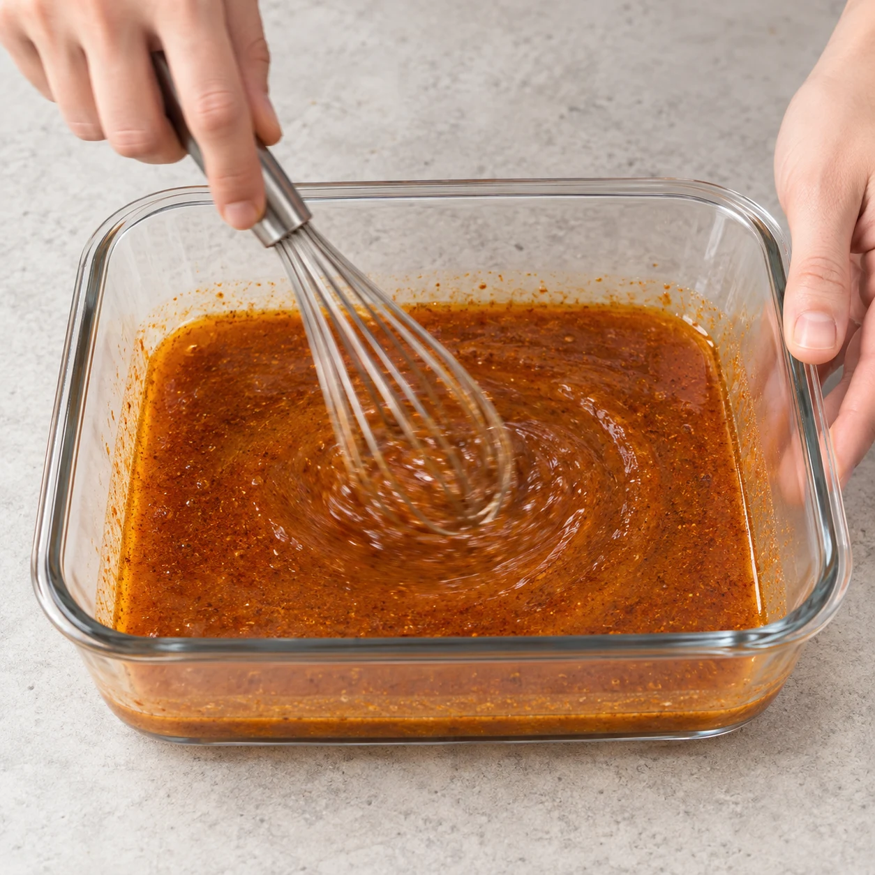 Mélanger la marinade : La marinade est orangée et les épices sont réparties dans le liquide.
