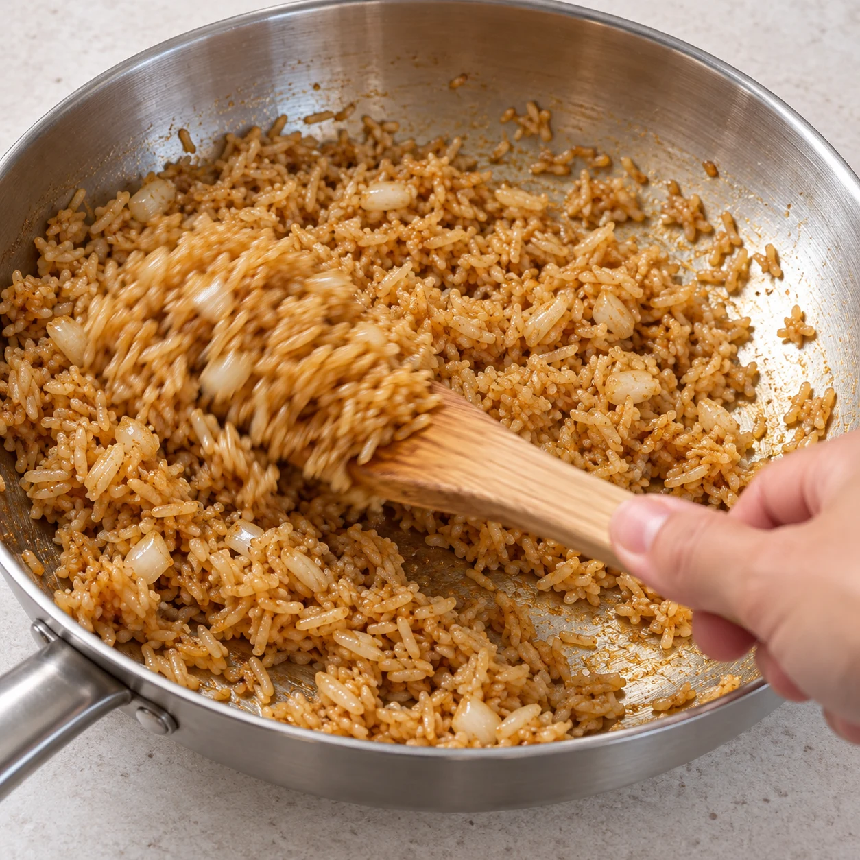 Ajoute les 300 g de riz déjà cuit. Remue dans la poêle pendant quelques minutes pour séparer les grains et les enrober de sauce. Si tu utilises un sachet de riz nature cuit, ouvre-le et pèse 300 g avant cet ajout. Résultat visible : Les grains sont séparés, bien chauds et uniformément enrobés de sauce.