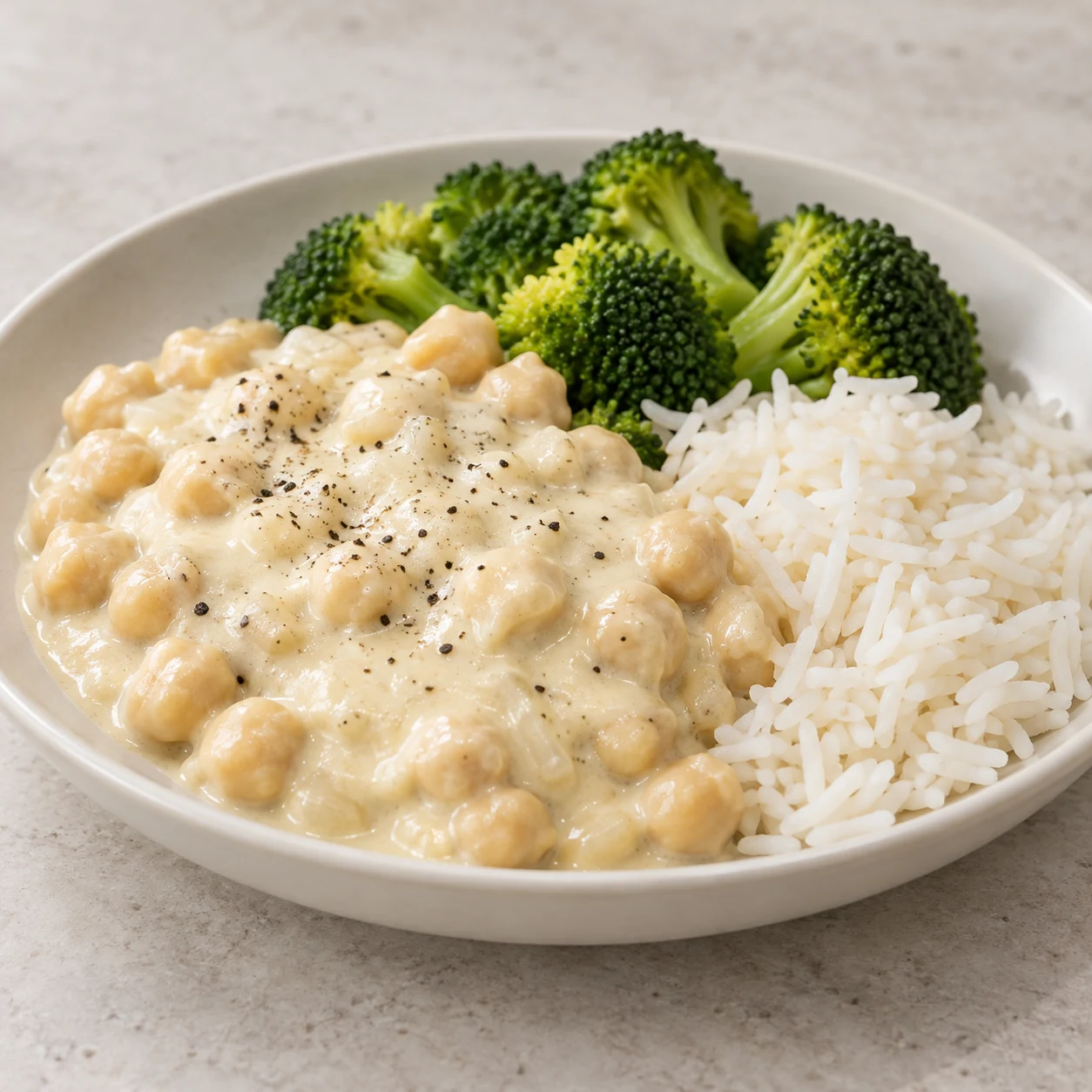 Assiette neutre : pois chiches sauce ivoire épaisse, riz basmati blanc et brocolis vapeur verts, poivre noir. Aucun topping rouge non identifié.