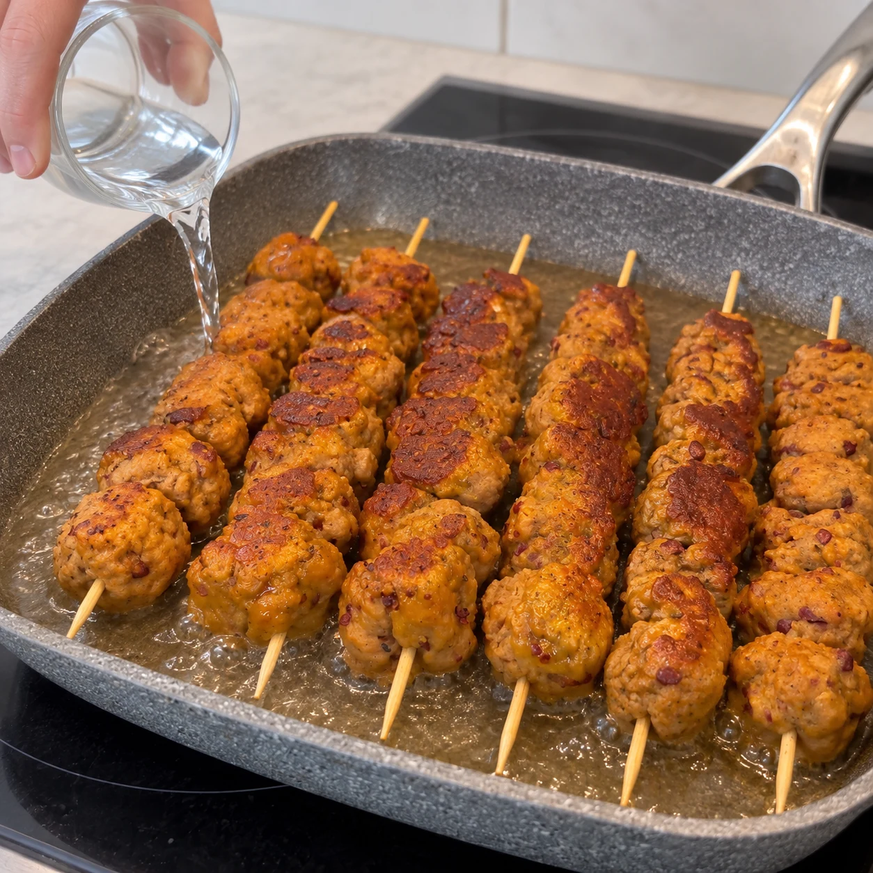 Un petit récipient verse un fond d’eau autour des brochettes dans une poêle, sans les immerger.