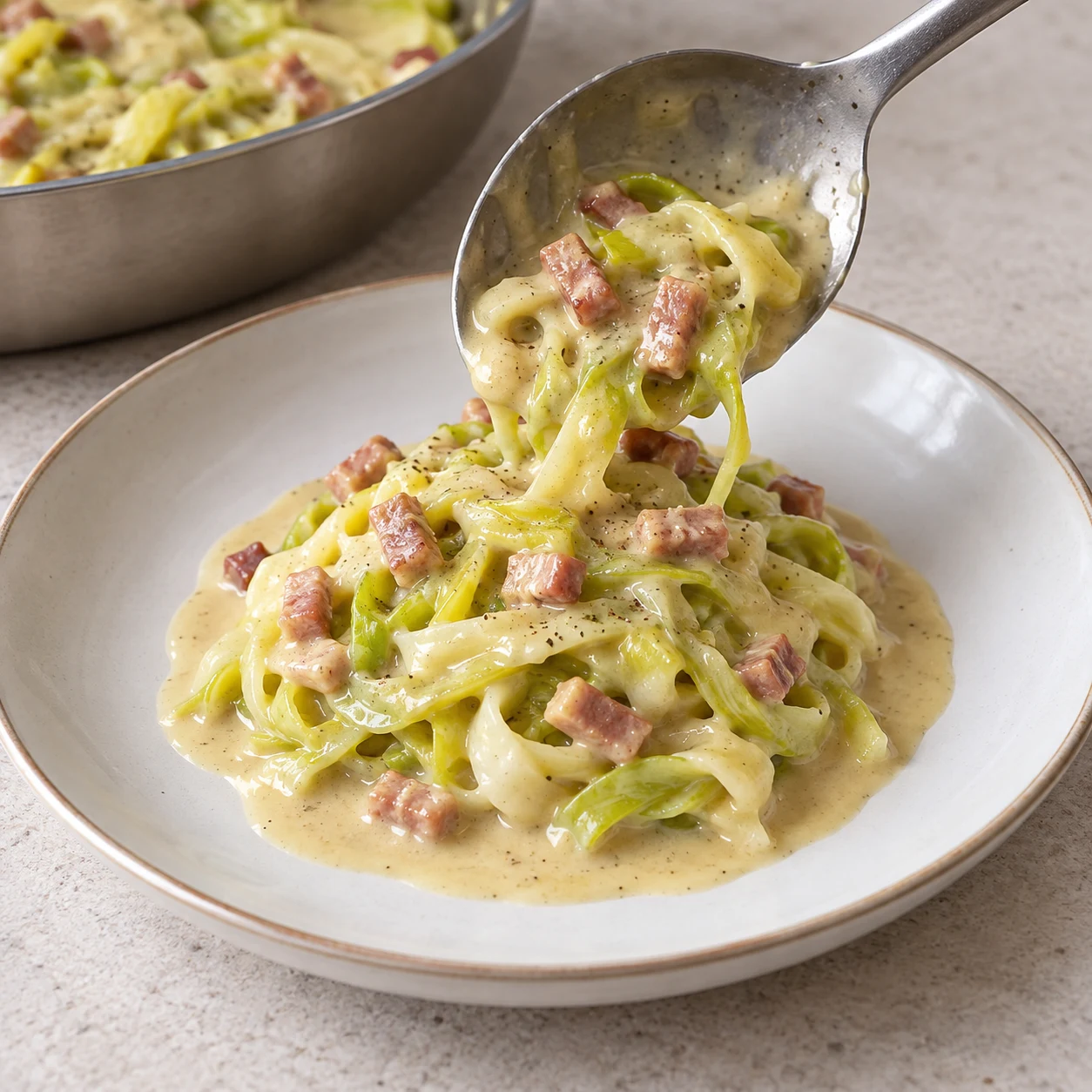 Dressage de longues lanières de poireaux et lardons végétaux nappés de sauce beige, sans pâtes ni œuf.