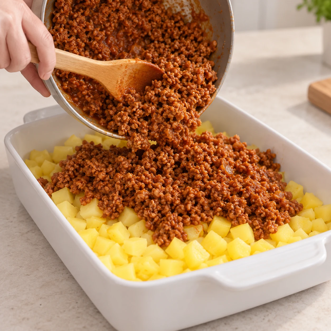 Ajouter le haché végétal : Le haché végétal est dans le plat, encore distinct des pommes de terre. Ingrédients visibles exclusivement : Pommes de terre, Haché végétal de soja cuisiné.