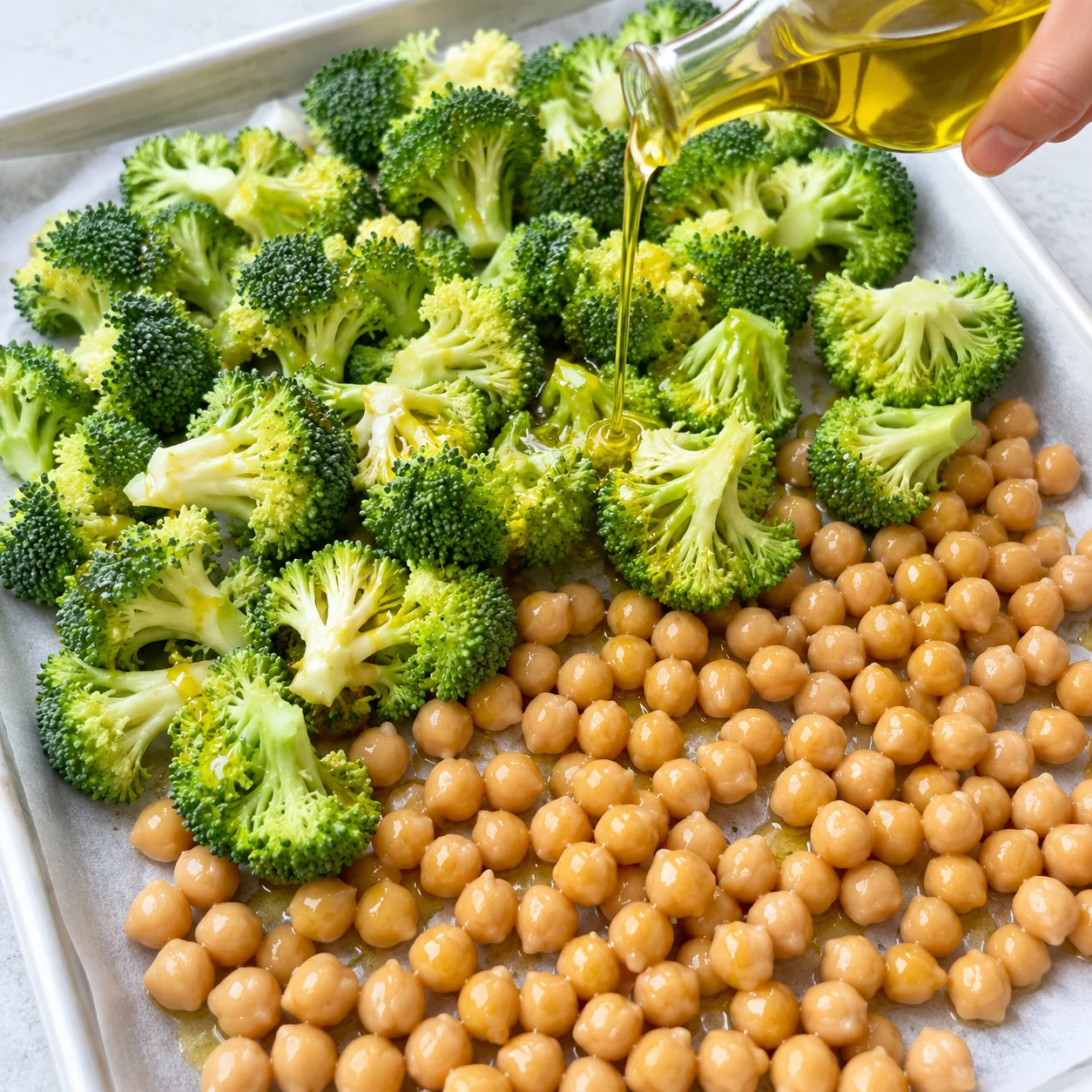 Fin filet d’huile sur brocoli cru et pois chiches sur plaque.