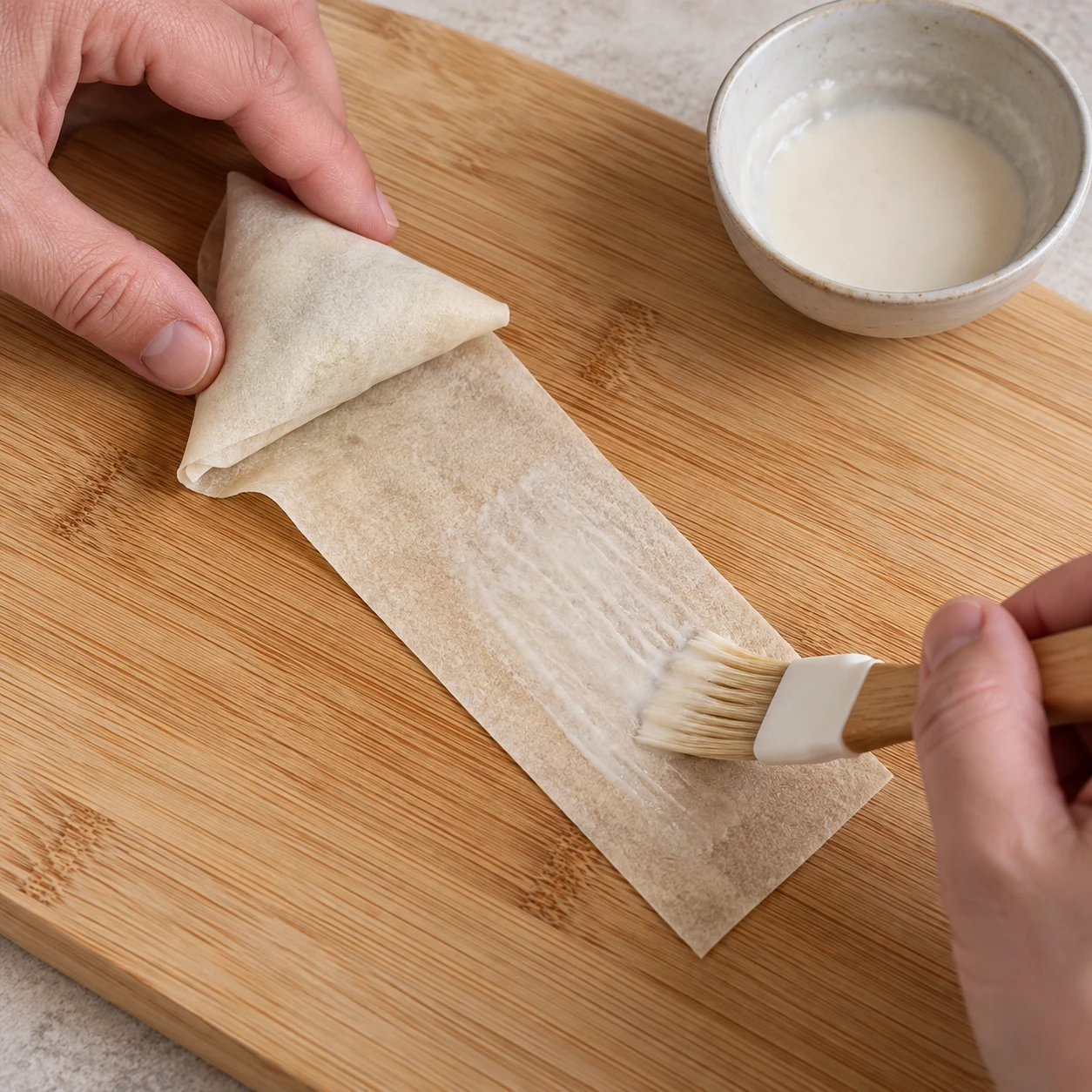 Badigeonner la bande : La partie libre porte une fine couche de pâte, sans être détrempée.