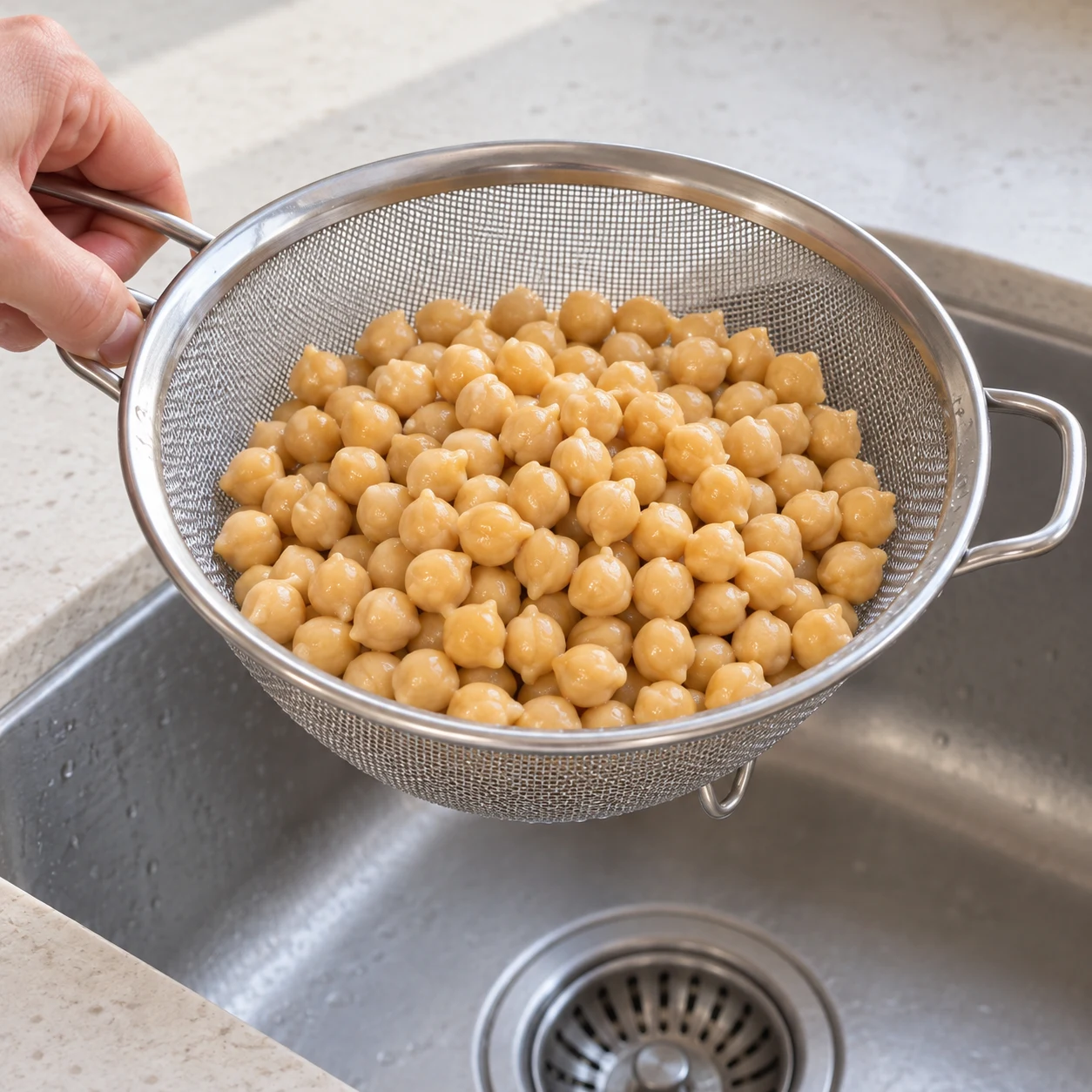 Passoire remplie de pois chiches cuits beige pâle, liquide écoulé, aucun autre aliment.