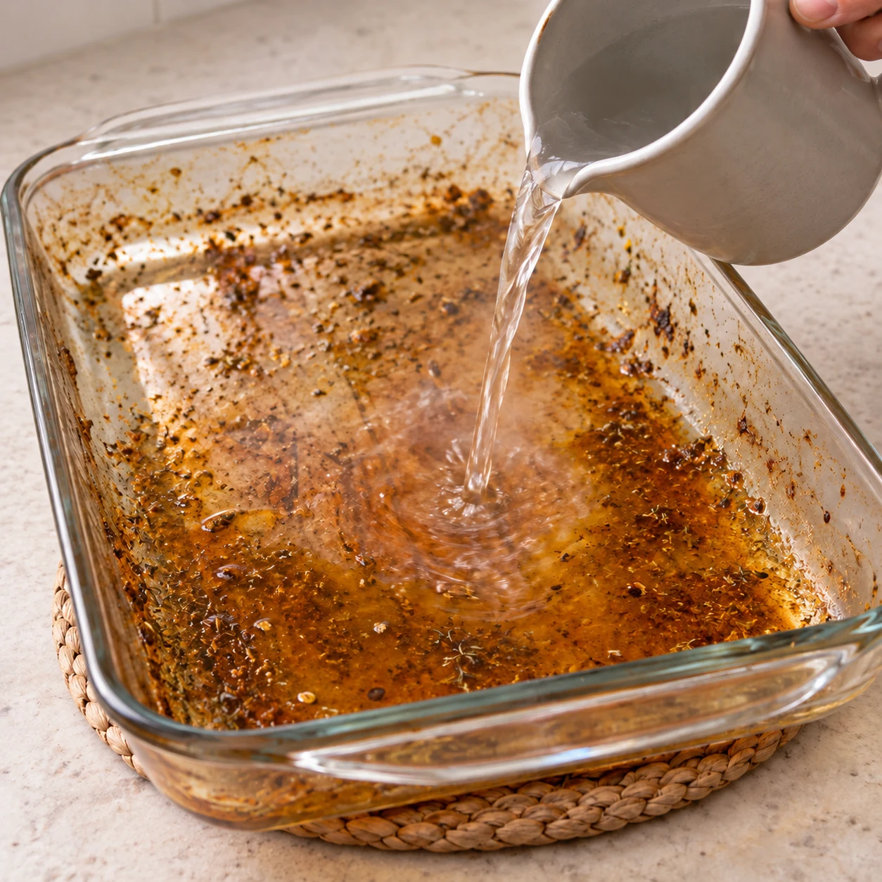 Plat en verre contenant le jus brun déglacé avec un peu d’eau chaude ; main anonyme ajoutant un peu d’eau chaude, plat sans ingrédients décoratifs.