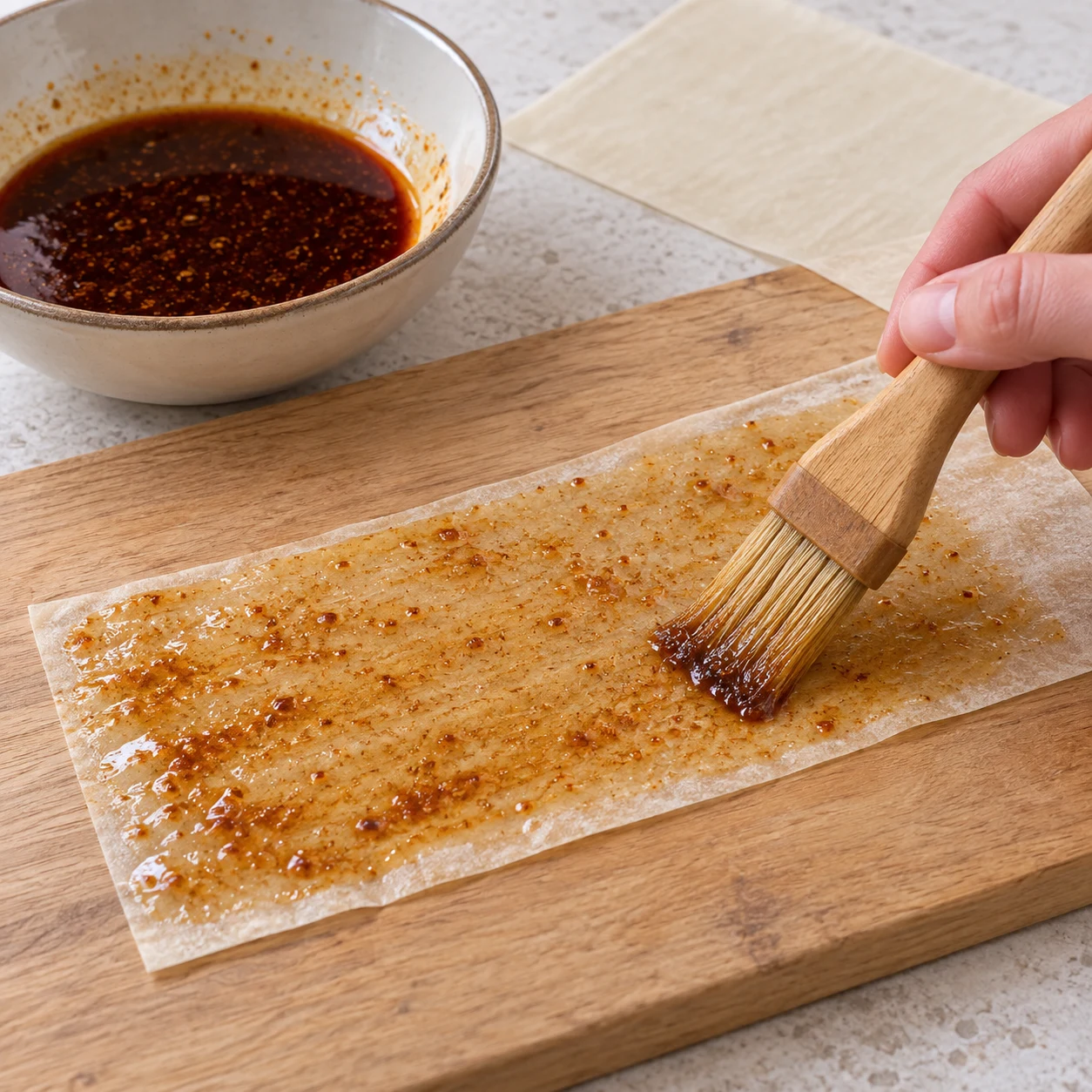 Badigeonner la seconde bande. Badigeonnez une seconde bande de brick de marinade, sans l’immerger. Résultat : La seconde bande porte une fine couche de marinade. Feuilles de brick fines opaques au blé, jamais de feuilles de riz translucides. Une phase seulement.