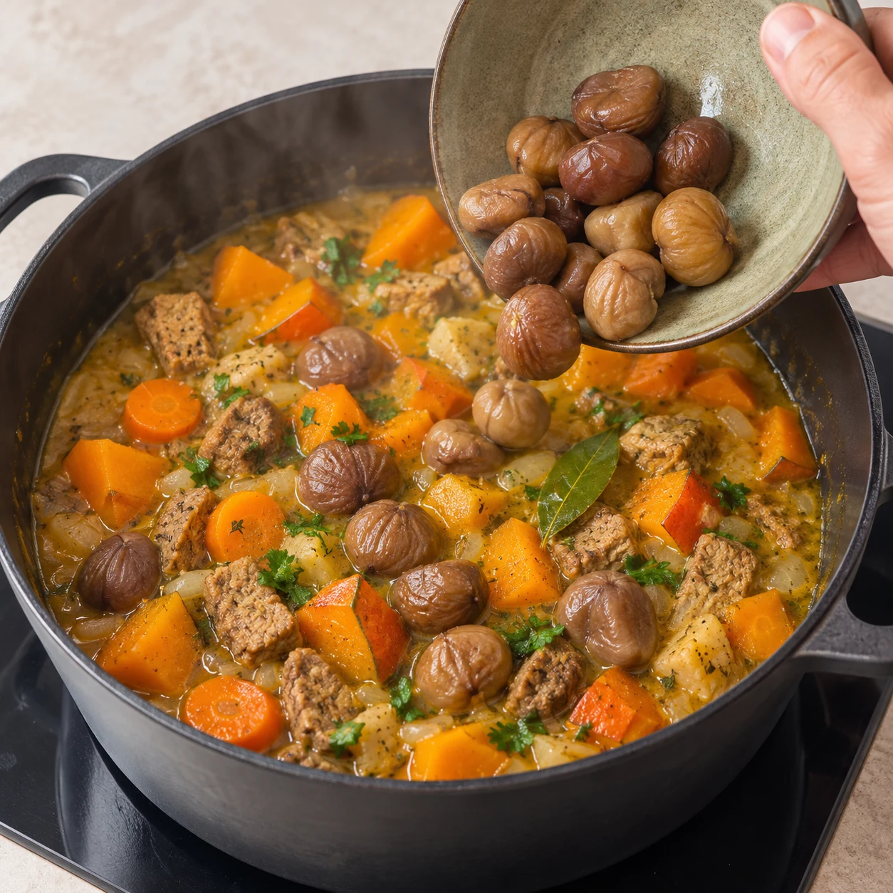 Ajoute les 200 g de marrons cuits dans la cocotte. État à montrer : Les marrons sont répartis dans le mijoté.
