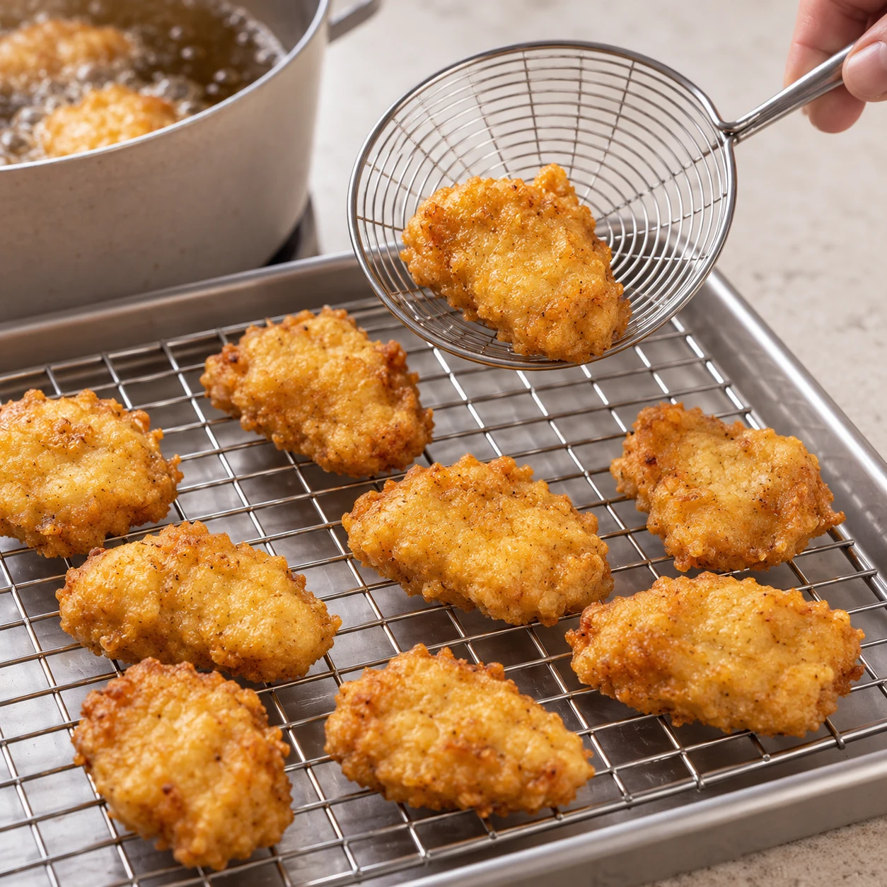Nuggets de protéines végétales dorés sur une grille, croûte croustillante, aucun accompagnement.