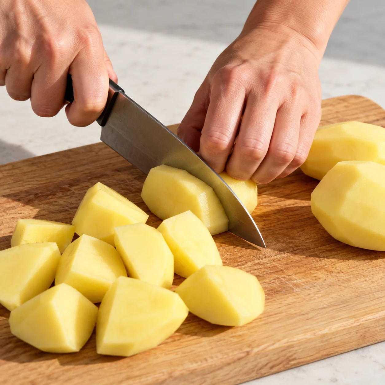 Coupe les pommes de terre pelées en morceaux sur une planche stable, en gardant les doigts repliés loin de la lame. Montrer le geste et l’état attendu : Les pommes de terre sont divisées en morceaux prêts à cuire.