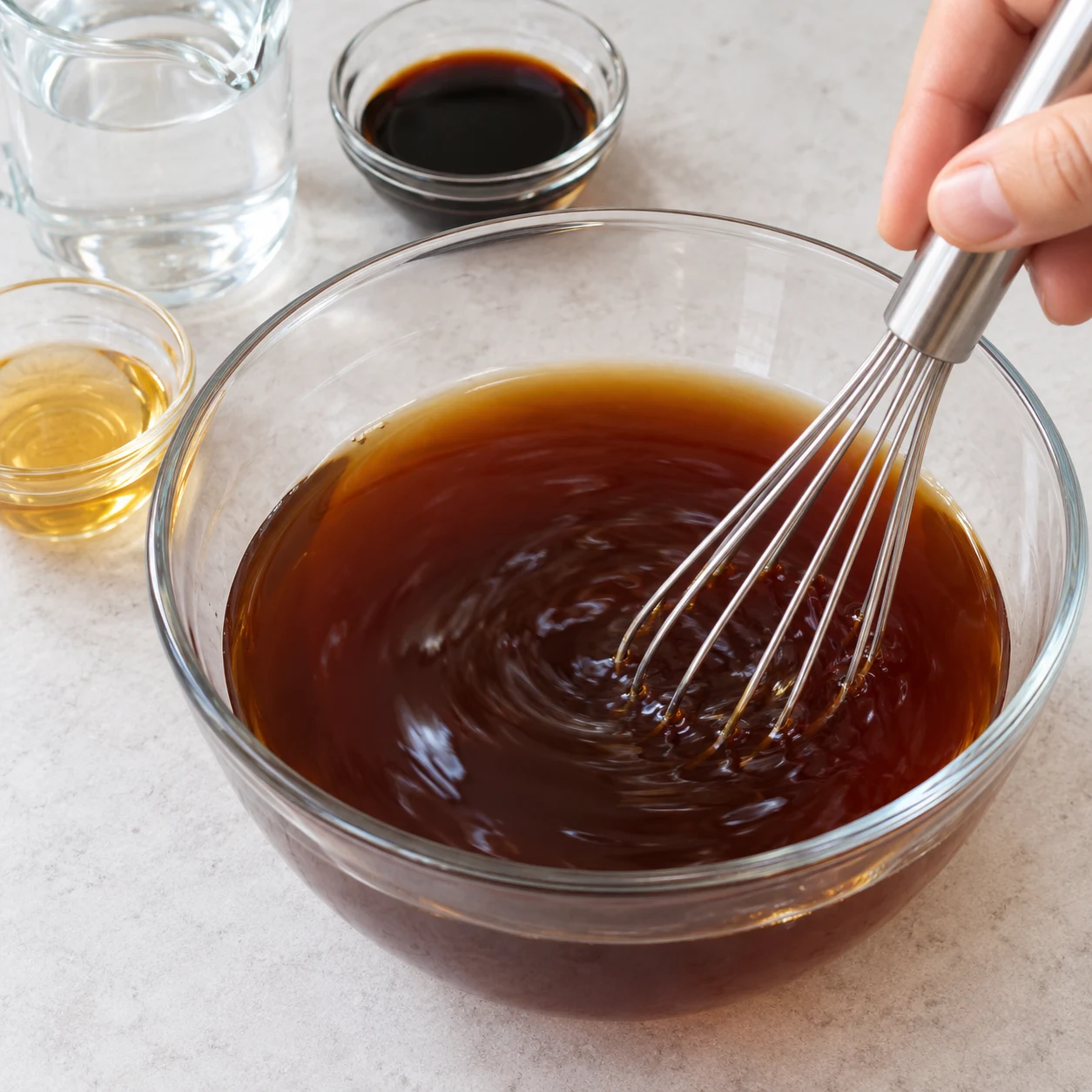 Mélange brun fluide dans un bol ou pichet en verre sans marquage, aucun miel.