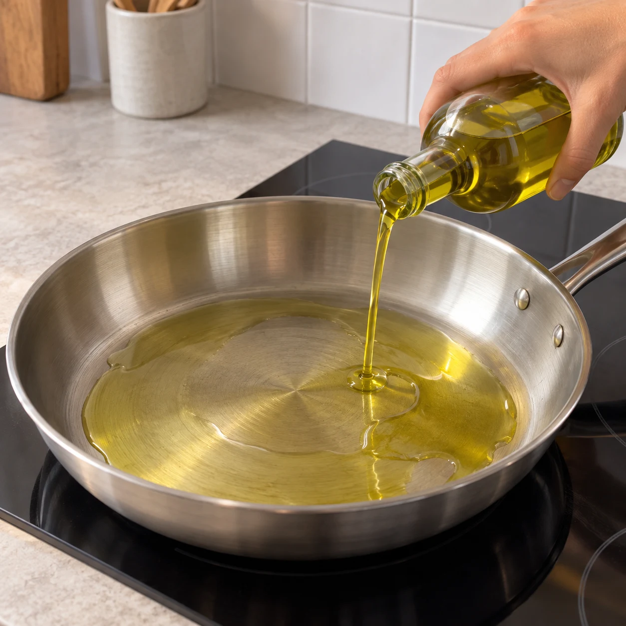 Une seule action : Verser l’huile. L’huile est répartie au fond de la poêle. Poêle neutre en inox quand la cuisson est montrée. Aucun ingrédient futur.