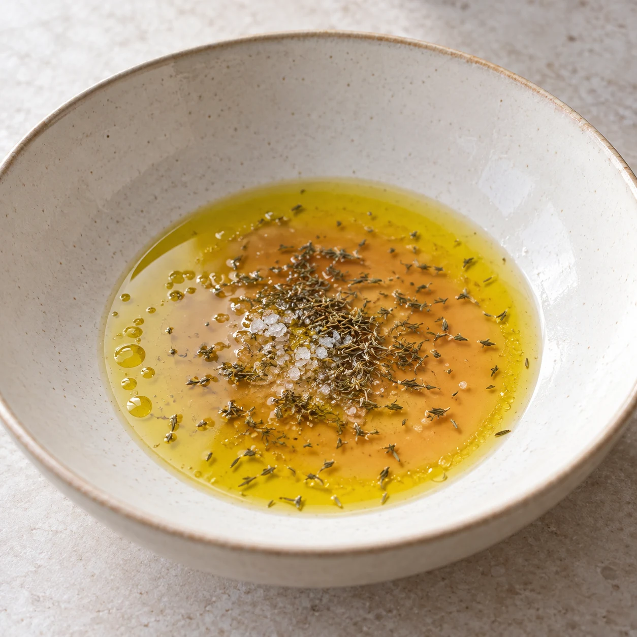 Préparer l’assaisonnement : L’huile, le vinaigre et les épices sont présents au fond du plat.