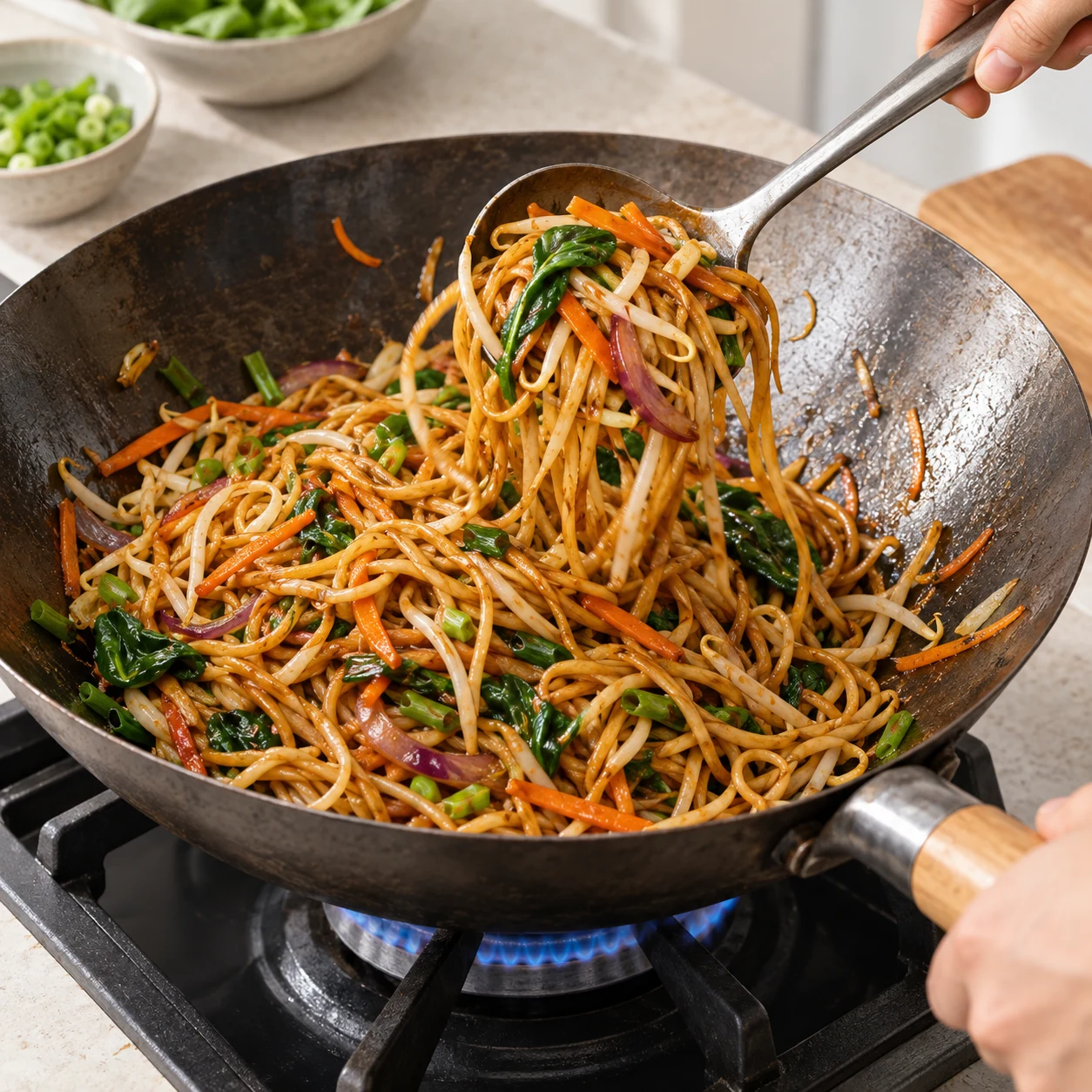 Faire sauter l’ensemble — Les nouilles sont enrobées de sauce et les légumes sont répartis dans le mélange.