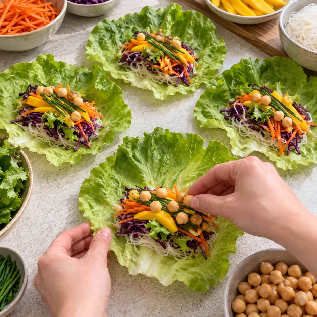 Une seule action : Garnir les feuilles de laitue. La garniture est répartie en cinq rectangles compacts et les bords restent libres pour le pliage. Seulement Laitue blonde fraîche en grandes feuilles, Salade verte, Carotte, Chou rouge, Mangue bien mûre, Ciboulette fraîche, Vermicelles de riz secs, Pois chiches cuits égouttés. Toute enveloppe est de la laitue verte opaque. Supprimer toute feuille de riz et toute crevette de la capture de référence. Le geste vient de l’adaptation explicitement documentée, pas du geste filmé.