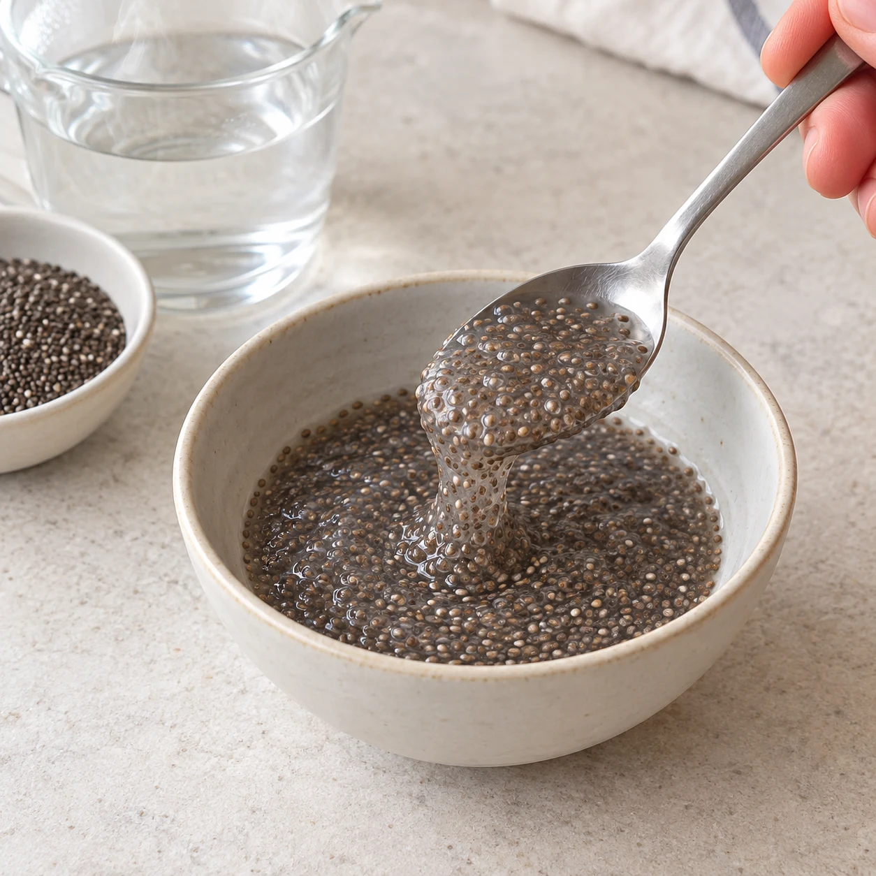 Petit bol de gel de chia, cuillère anonyme ; uniquement graines sombres gonflées et eau, sans œuf.
