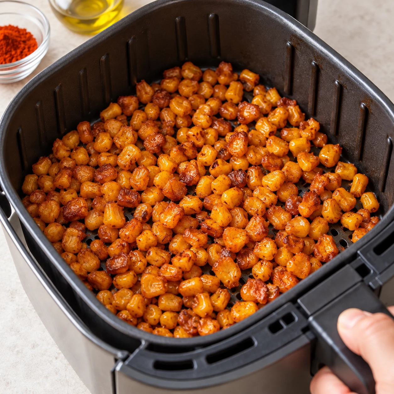 Répartissez le maïs dans le panier de l’air fryer et faites-le cuire jusqu’à obtenir les grains dorés et croustillants montrés dans la recette d’origine. La source ne précise ni température ni durée de cette cuisson.