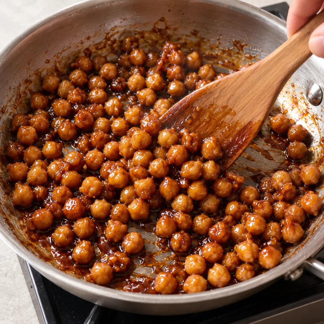 Dés de pois chiches enrobés de sauce teriyaki brillante, sans toppings.