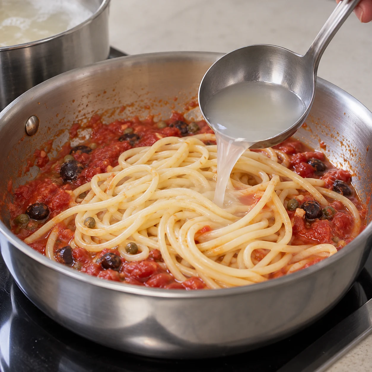 Un petit récipient verse une petite quantité d’eau amidonnée dans la poêle de spaghetti à la tomate.