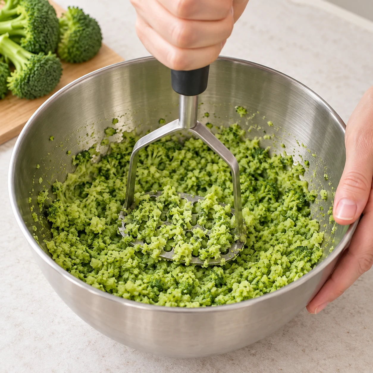 Presse-purée écrasant du brocoli cuit seul dans un saladier.