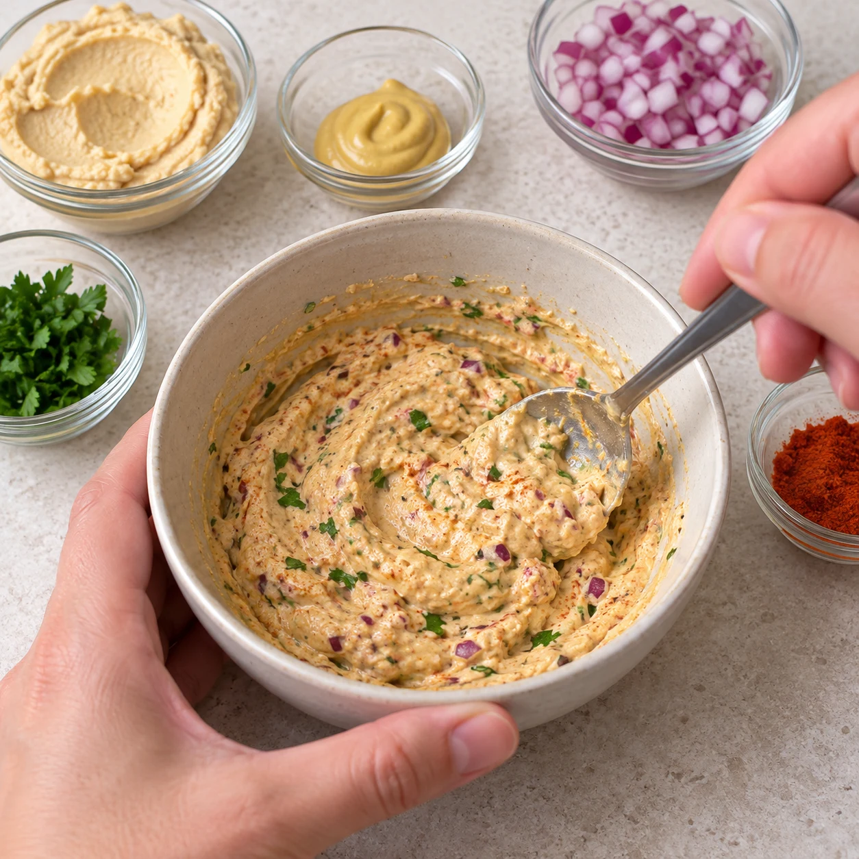Une cuillère mélange une sauce beige épaisse de houmous nature, moutarde, petits morceaux d’oignon rouge et persil ciselé avec des traces de paprika dans un bol neutre. Aucune mayonnaise ni produit animal.