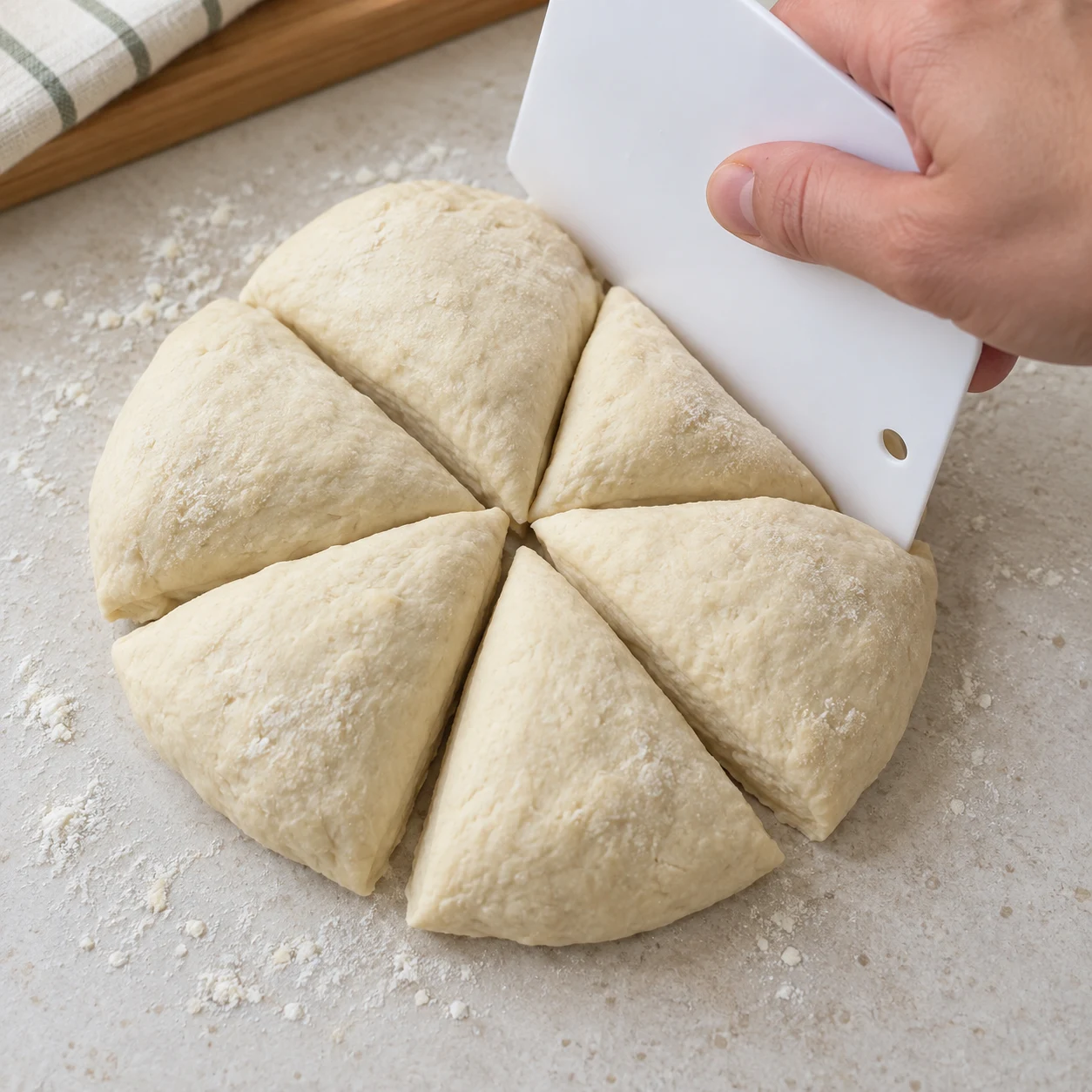Diviser en six. Six portions de pâte de taille comparable sont séparées.
