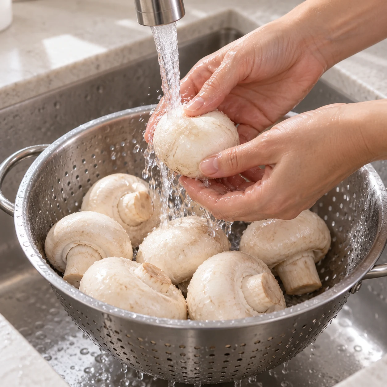 Mains anonymes rinçant des champignons blancs entiers.
