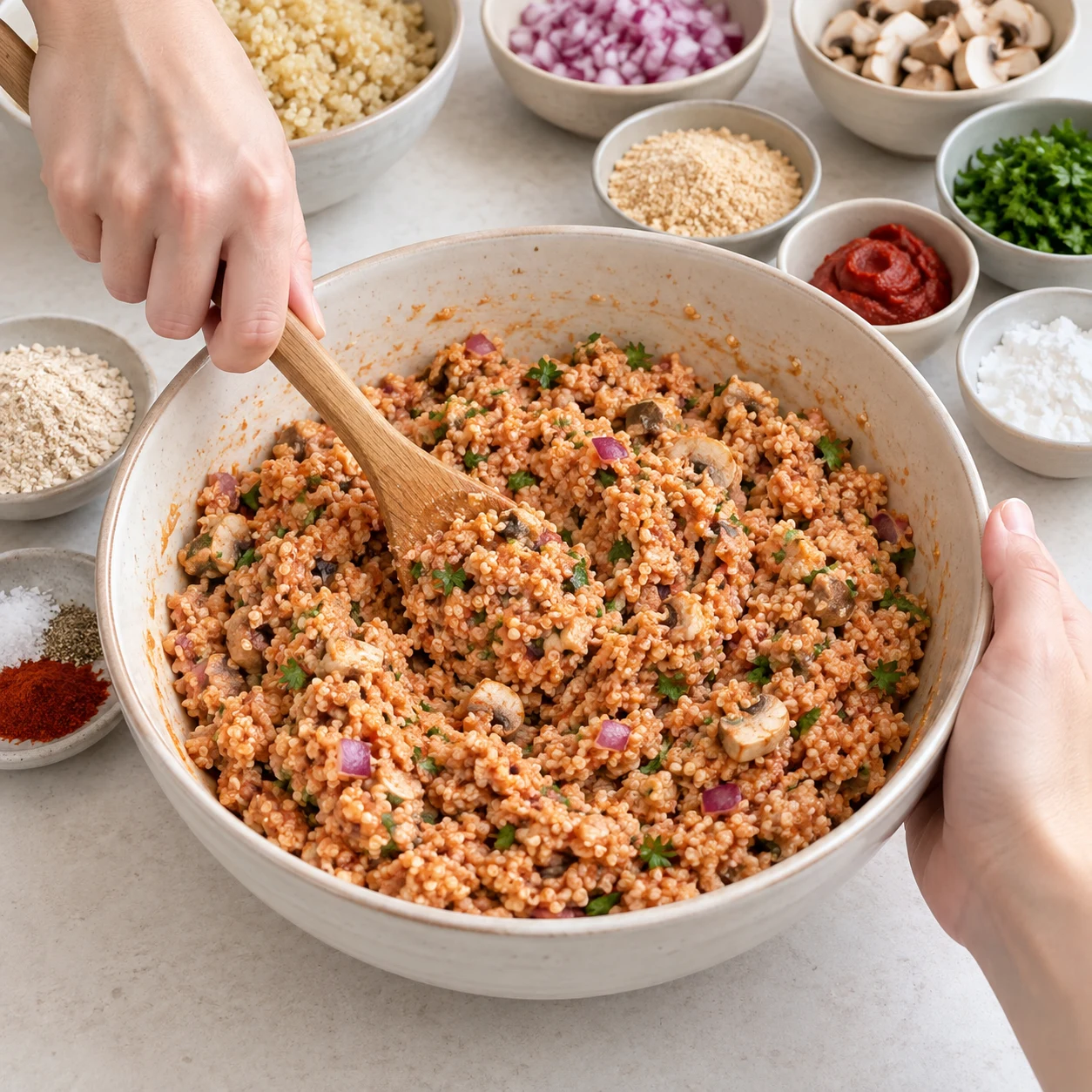 Mélange orange rosé granuleux avec quinoa blond, petits dés de champignons, persil et oignon rouge ; pâte d’avoine hydratée incorporée sans œufs.