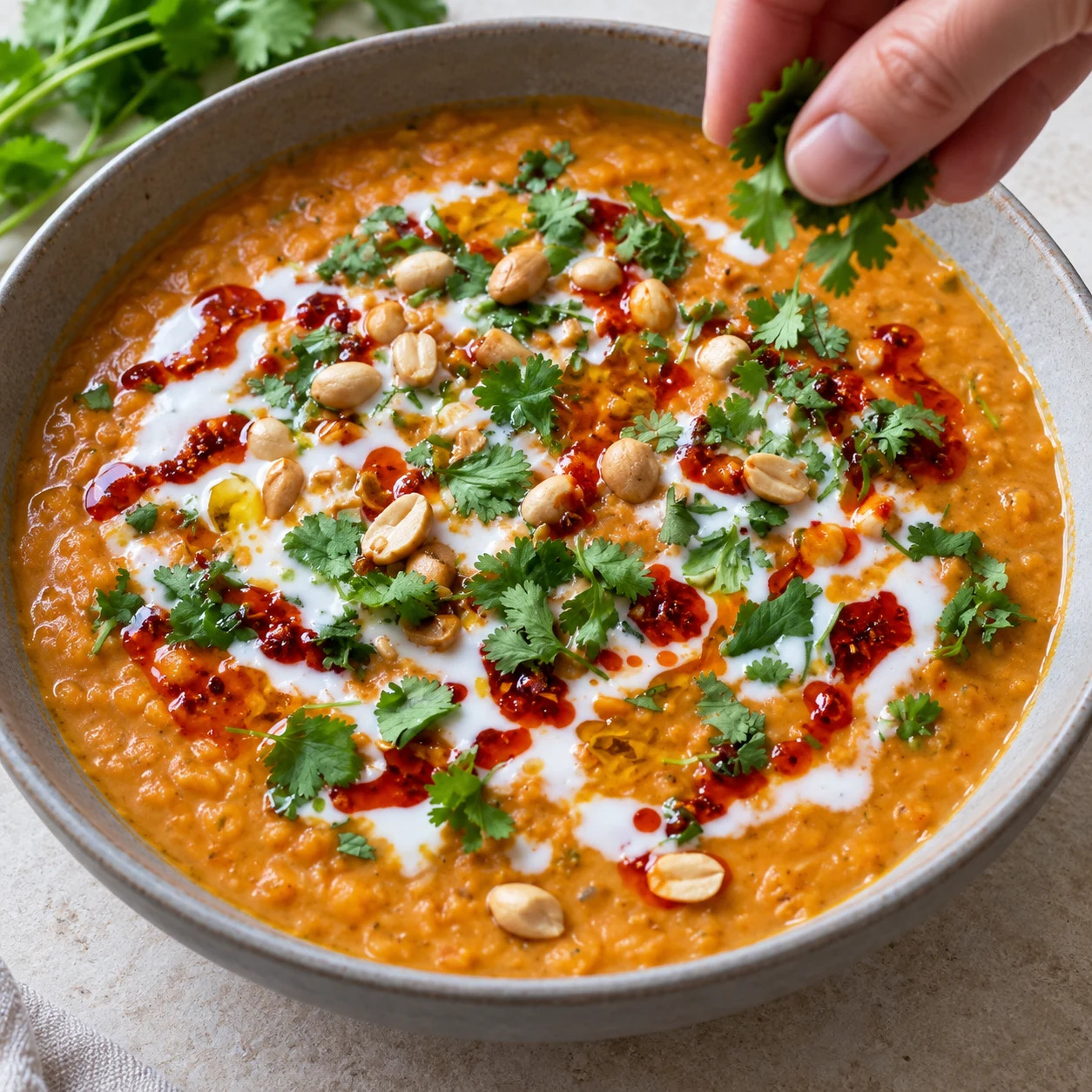 Dahl orange crémeux avec coriandre fraîche, cacahuètes et touches d’huile pimentée rouge et de lait de coco blanc ; une main anonyme termine le dressage.