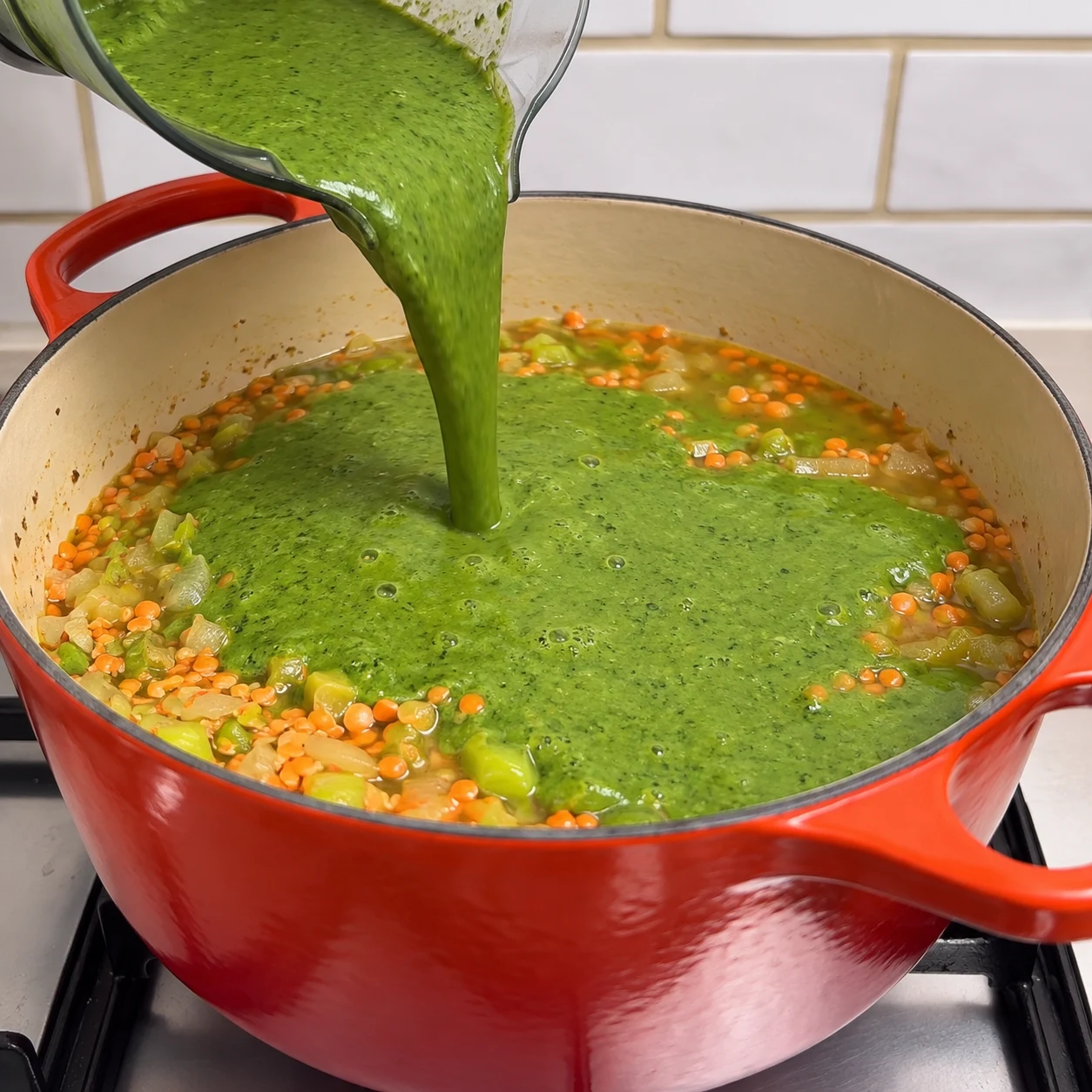 Une seule photo réaliste montrant cette action et son résultat : Versez la crème d’épinards, de coriandre, de coco et de citron dans la cocotte. La crème verte recouvre les lentilles et les légumes. Seulement les ingrédients visibles de cette étape. Mains adultes anonymes si nécessaires, geste sûr.