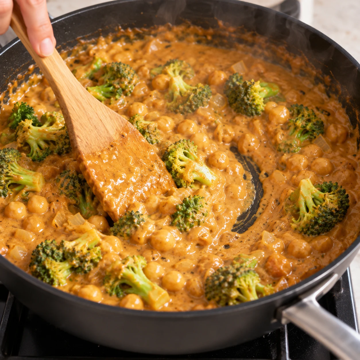 Spatule en bois remuant la sauce orangée épaissie avec pois chiches et brocoli dans une poêle noire.