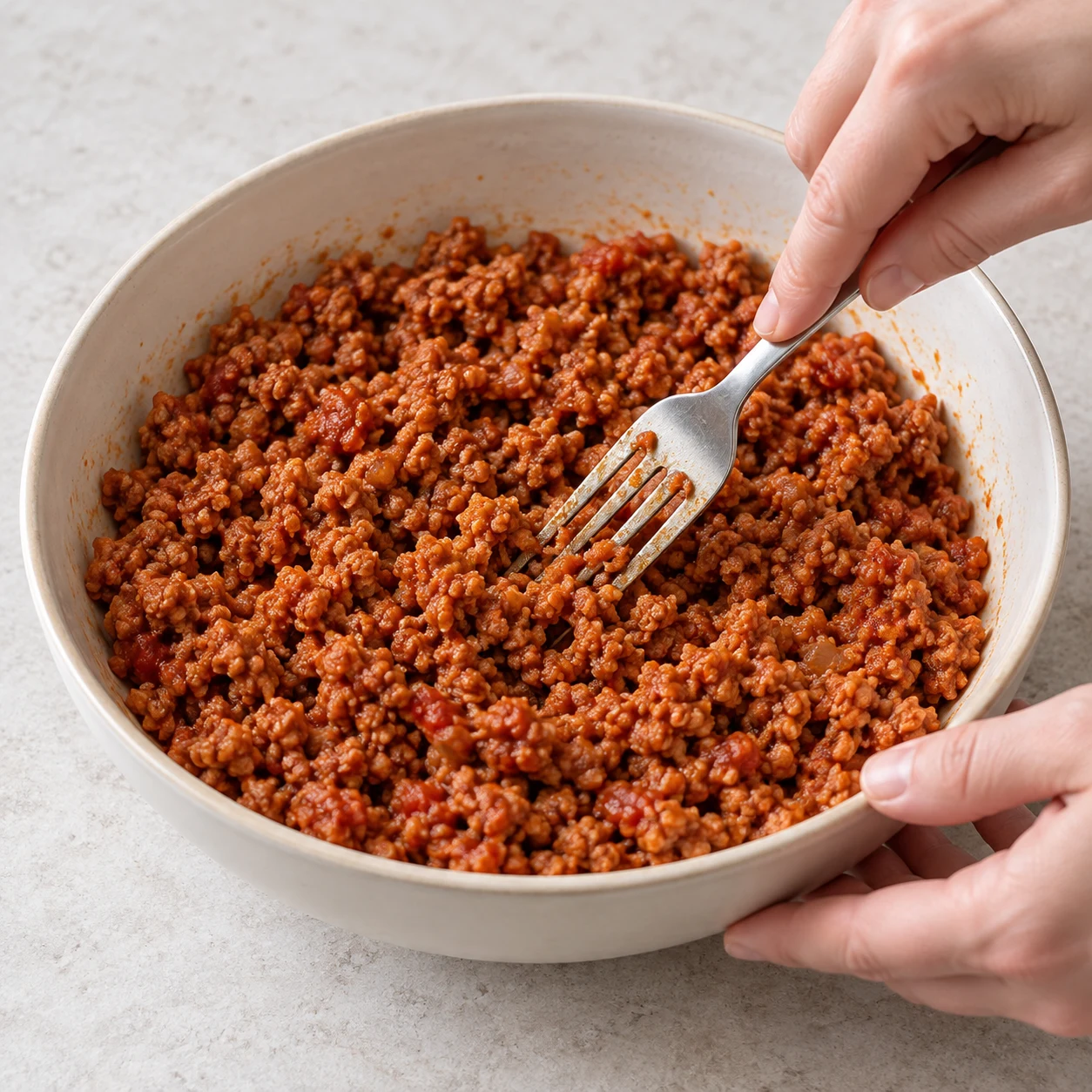 Une fourchette sépare délicatement du haché de soja cuisiné à la tomate dans un bol neutre ; pas de couteau, pas de cubes blancs ni de viande.