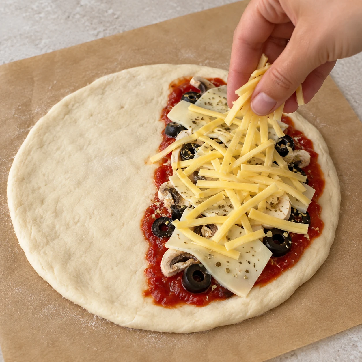 Répartir de fines lanières jaune pâle de spécialité végétale saveur cheddar sur la garniture des calzones. La couleur et la forme viennent du remplacement prouvé, le placement reprend la couche source.