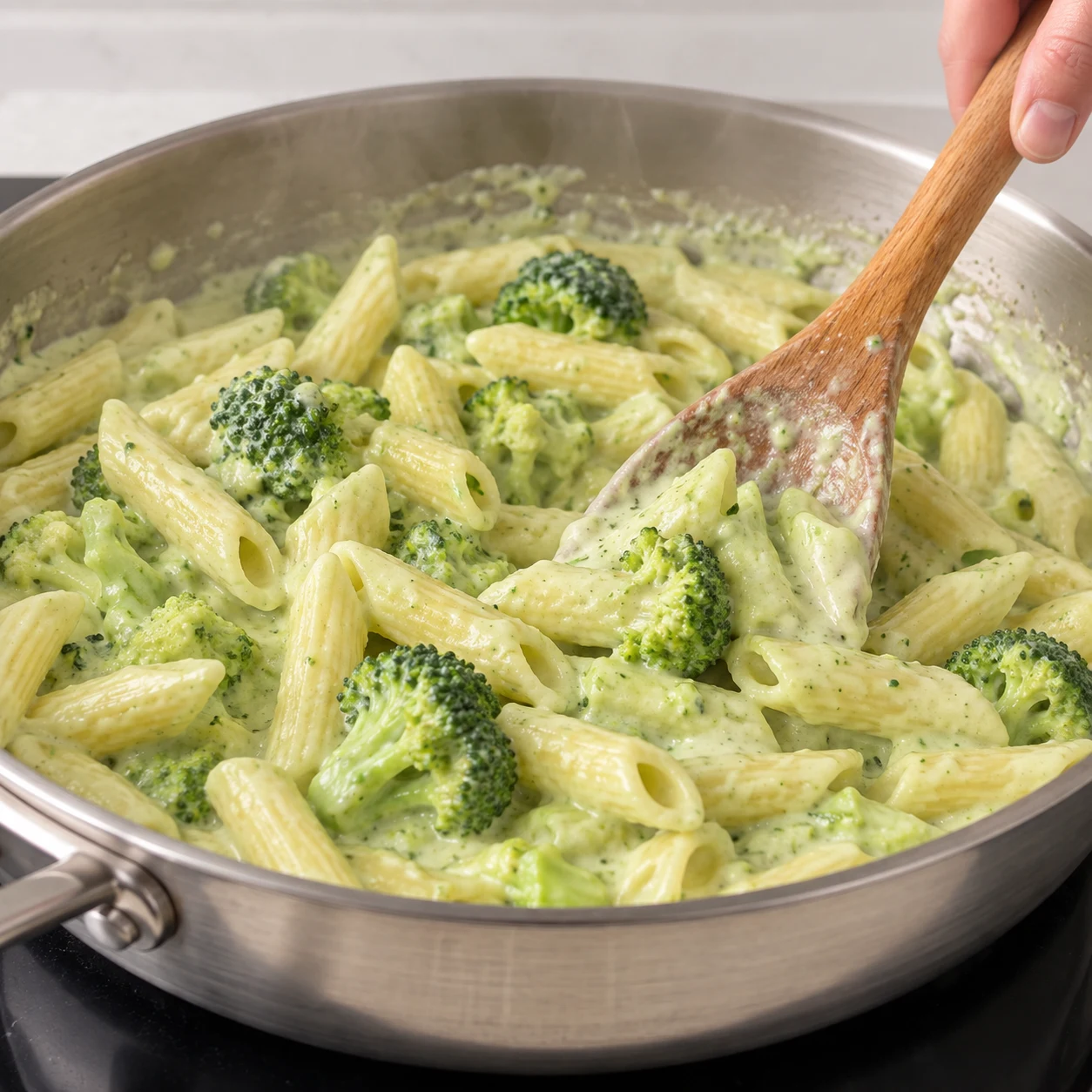 Penne et fleurettes en train d’être mélangées dans une sauce vert pâle avec une spatule, aucun topping.