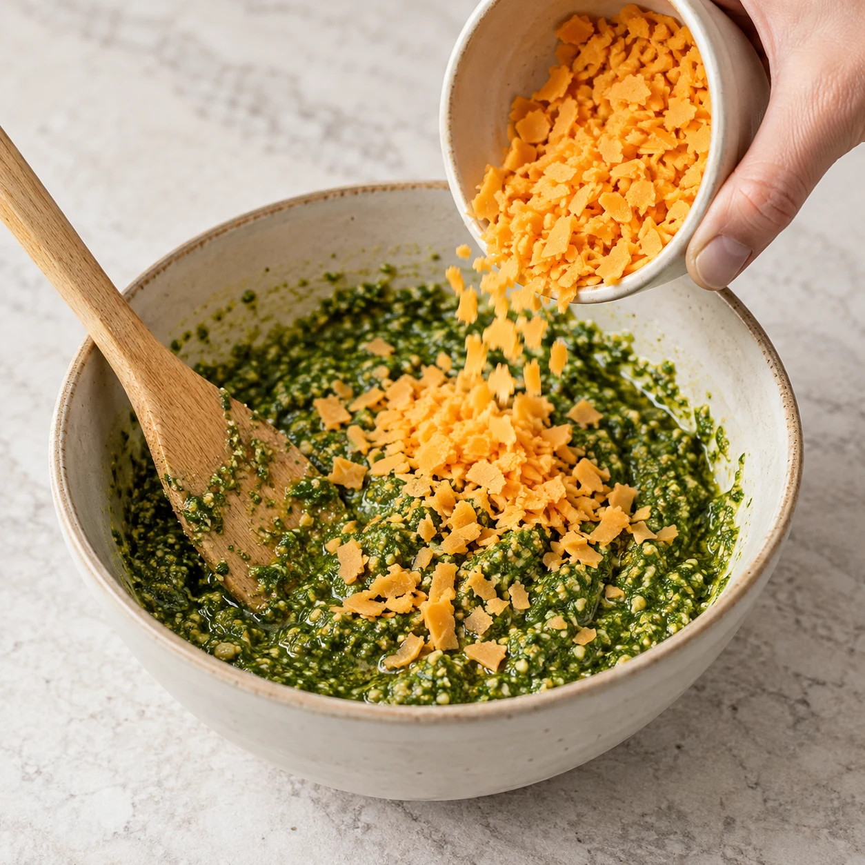 Une main anonyme verse le reste des tranchettes végétales orangées finement hachées dans un bol de pesto vert ; spatule en bois, aucun fromage animal.