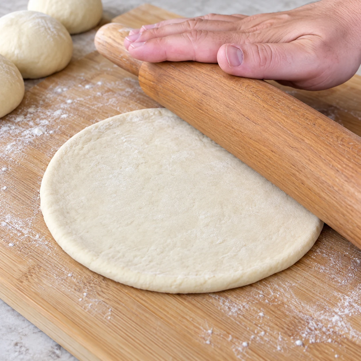 Étaler les pitas. Le disque de pâte est régulier et conserve une épaisseur visible.